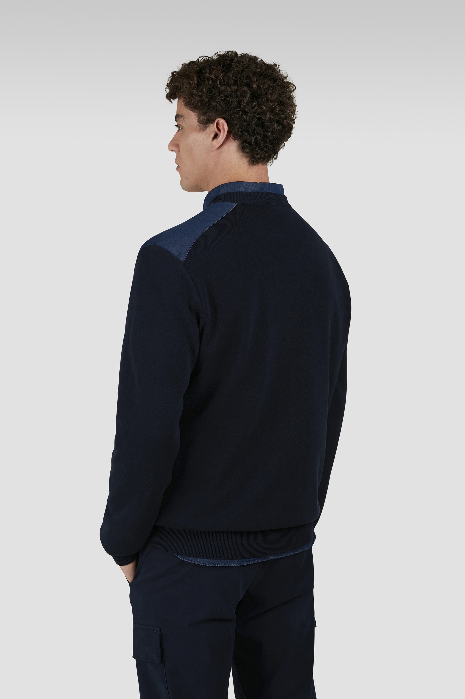 FRESCO COTTON CREWNECK SWEATER WITH DENIM DETAILS - 3