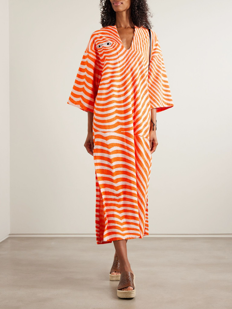 The Elder Statesman Embroidered striped cotton-terry kaftan Orange outlook