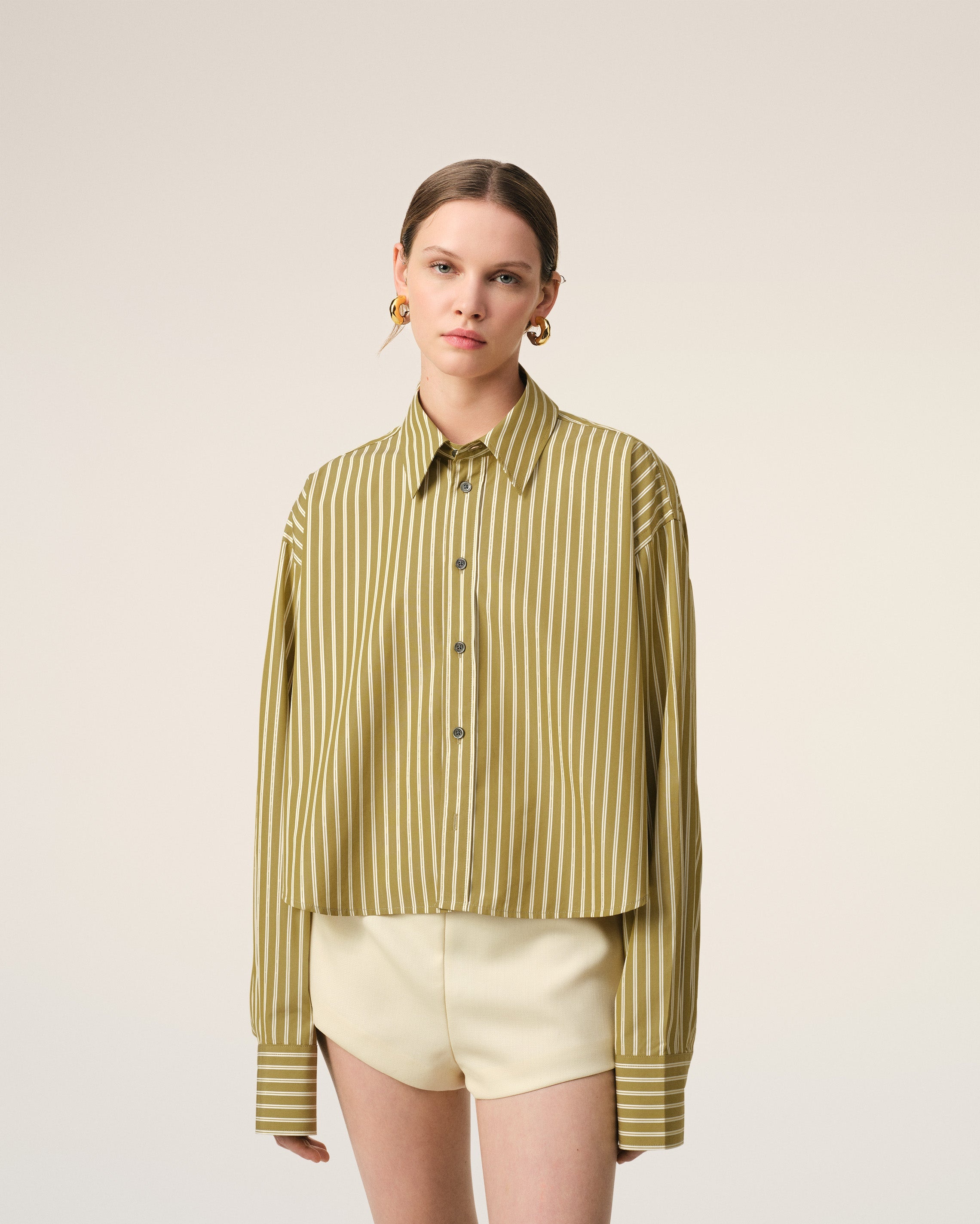 KHAKI COTTON CROPPED OVERSIZED SHIRT - 3