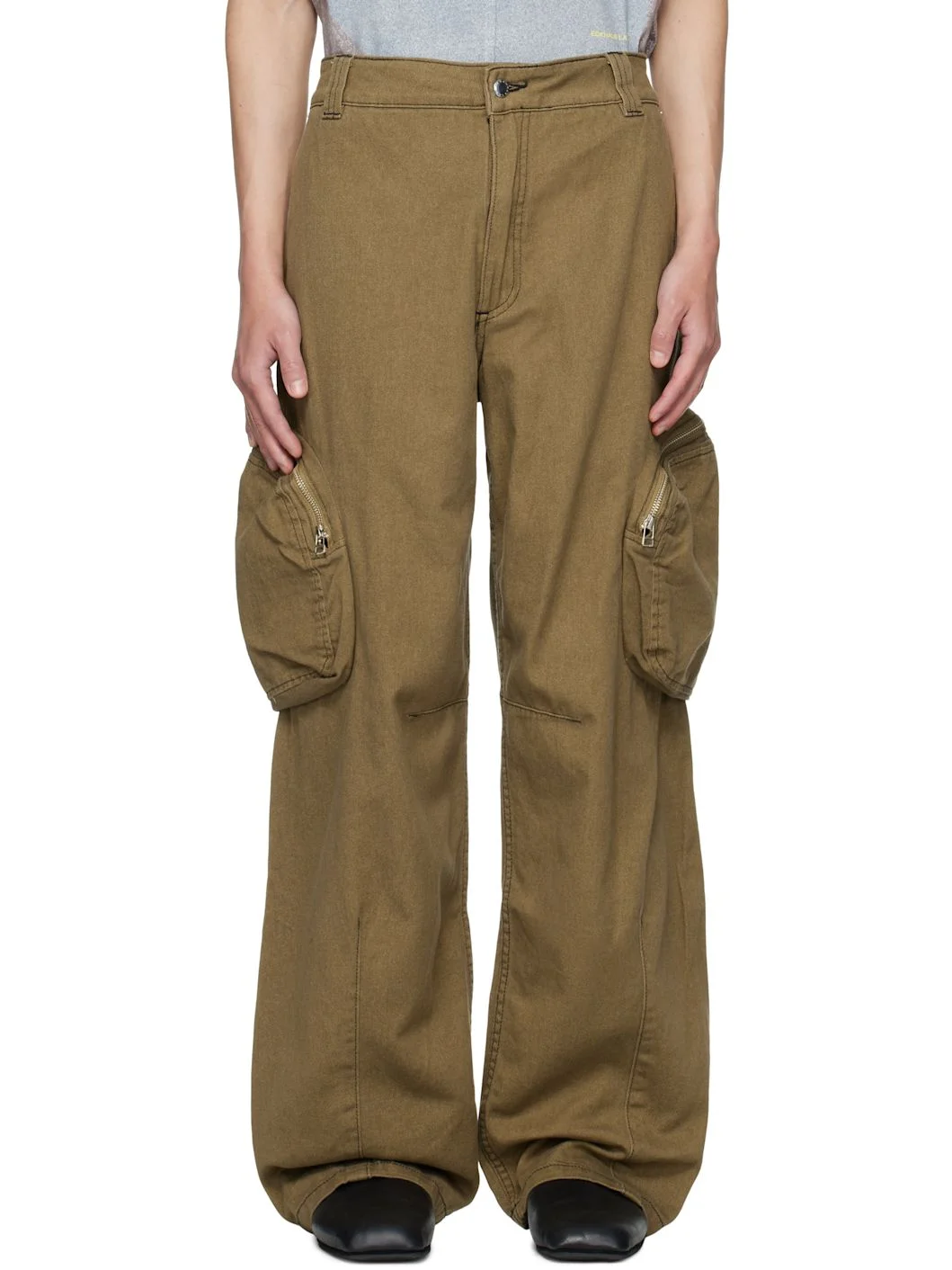 Khaki Zip Pocket Denim Cargo Pants - 1