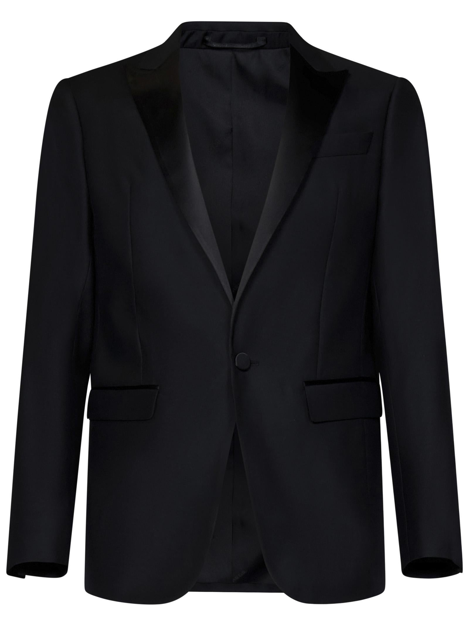 Black virgin wool and silk tuxedo suit with single-breasted blazer with silk satin lapels. - 5