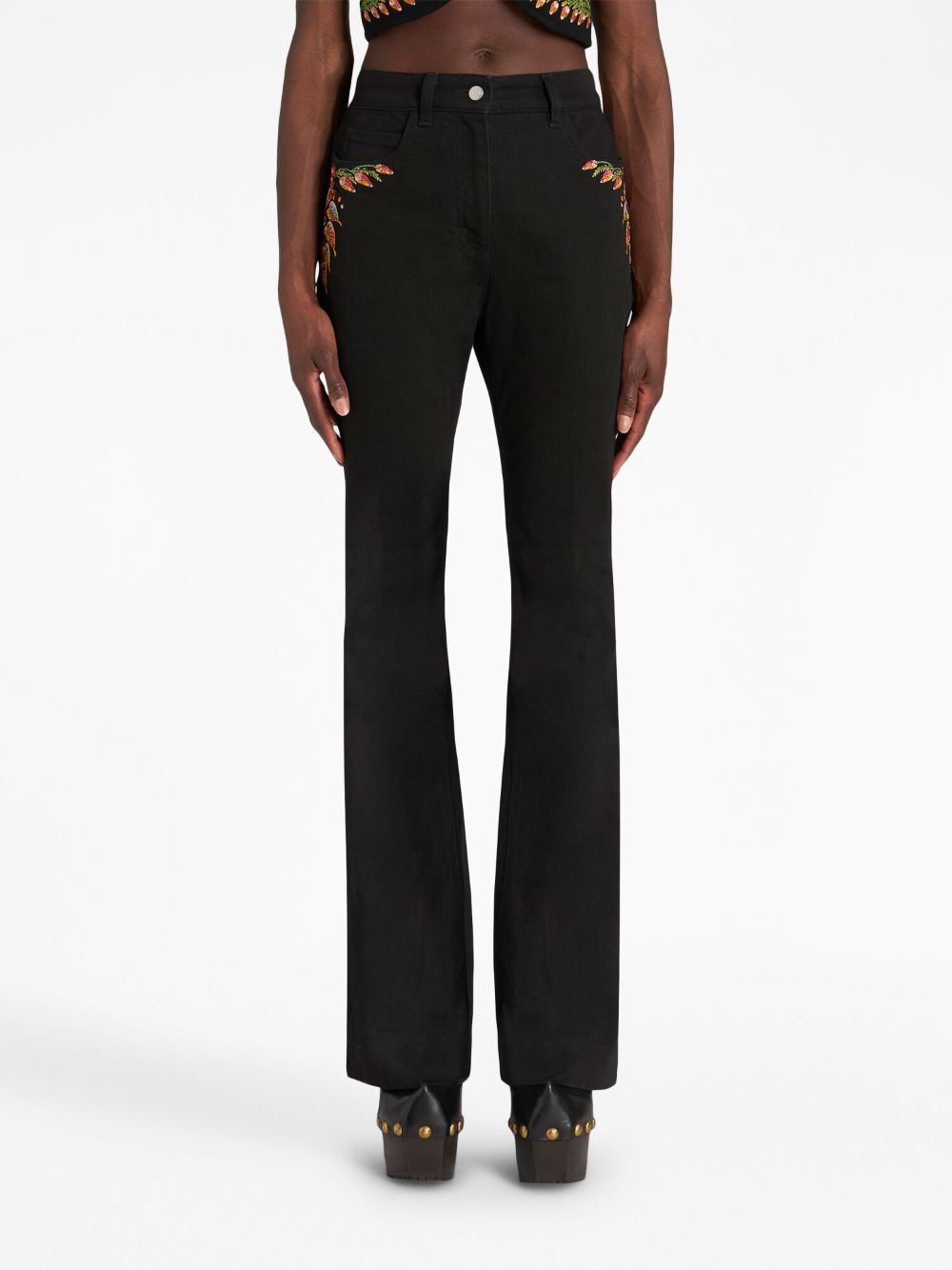 foliage-embroidered mid-rise flared jeans - 3