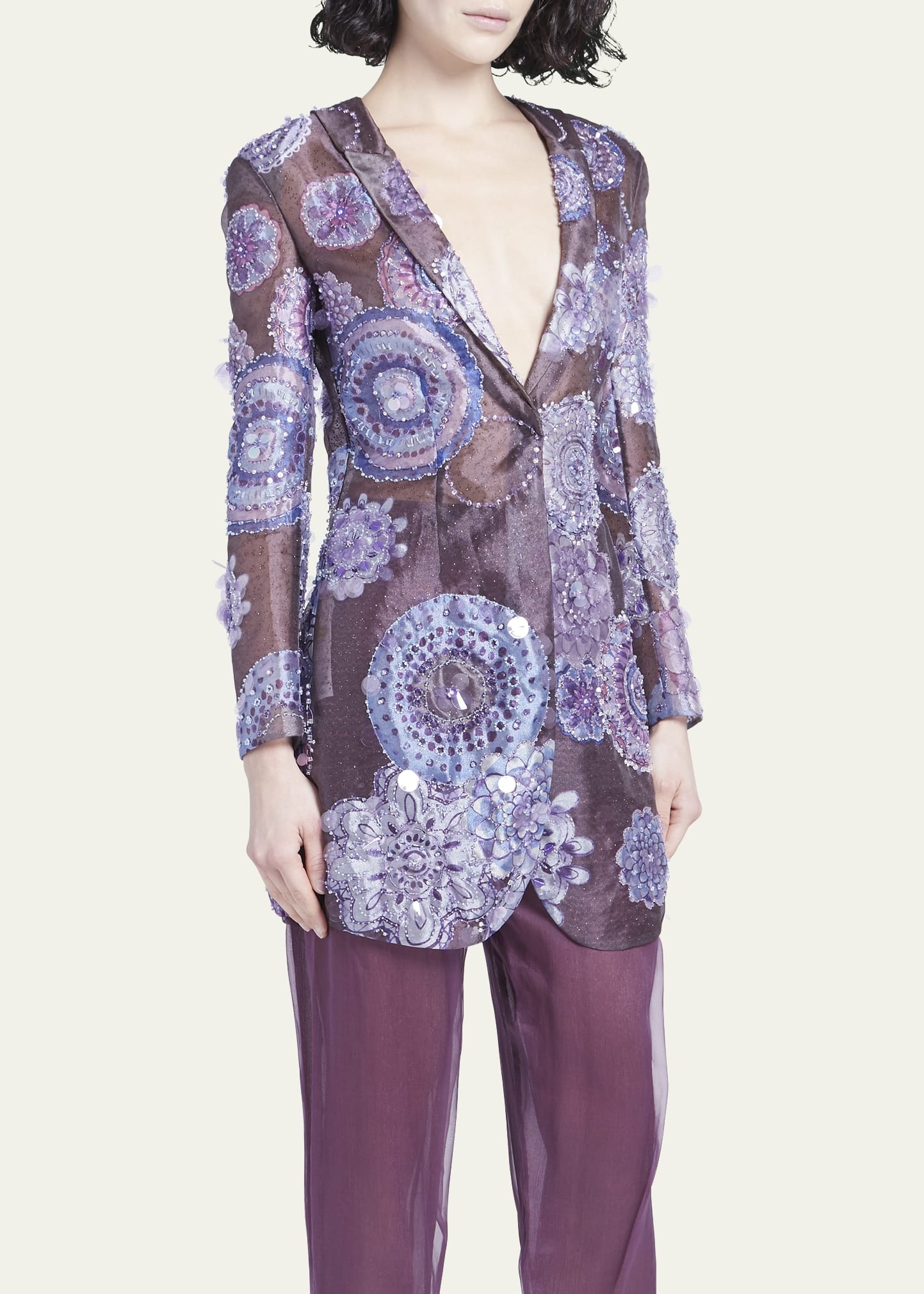 Sheer Printed Blazer Jacket with Beaded Details - 4