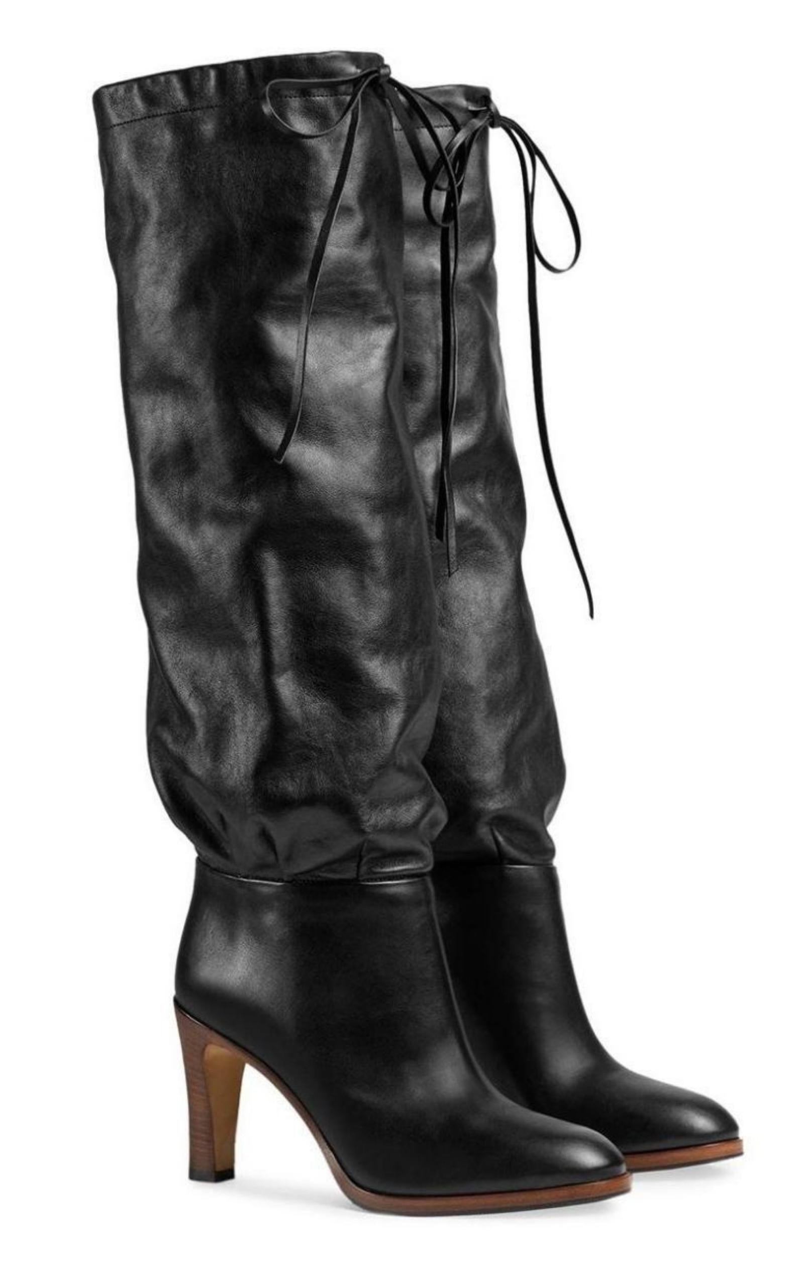 Black Leather Mid-heel Boot - 6
