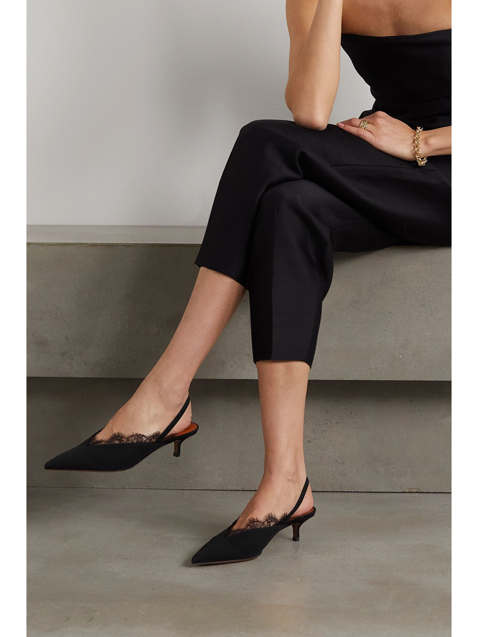 Irena lace-trimmed crepe de chine slingback pumps Black - 2