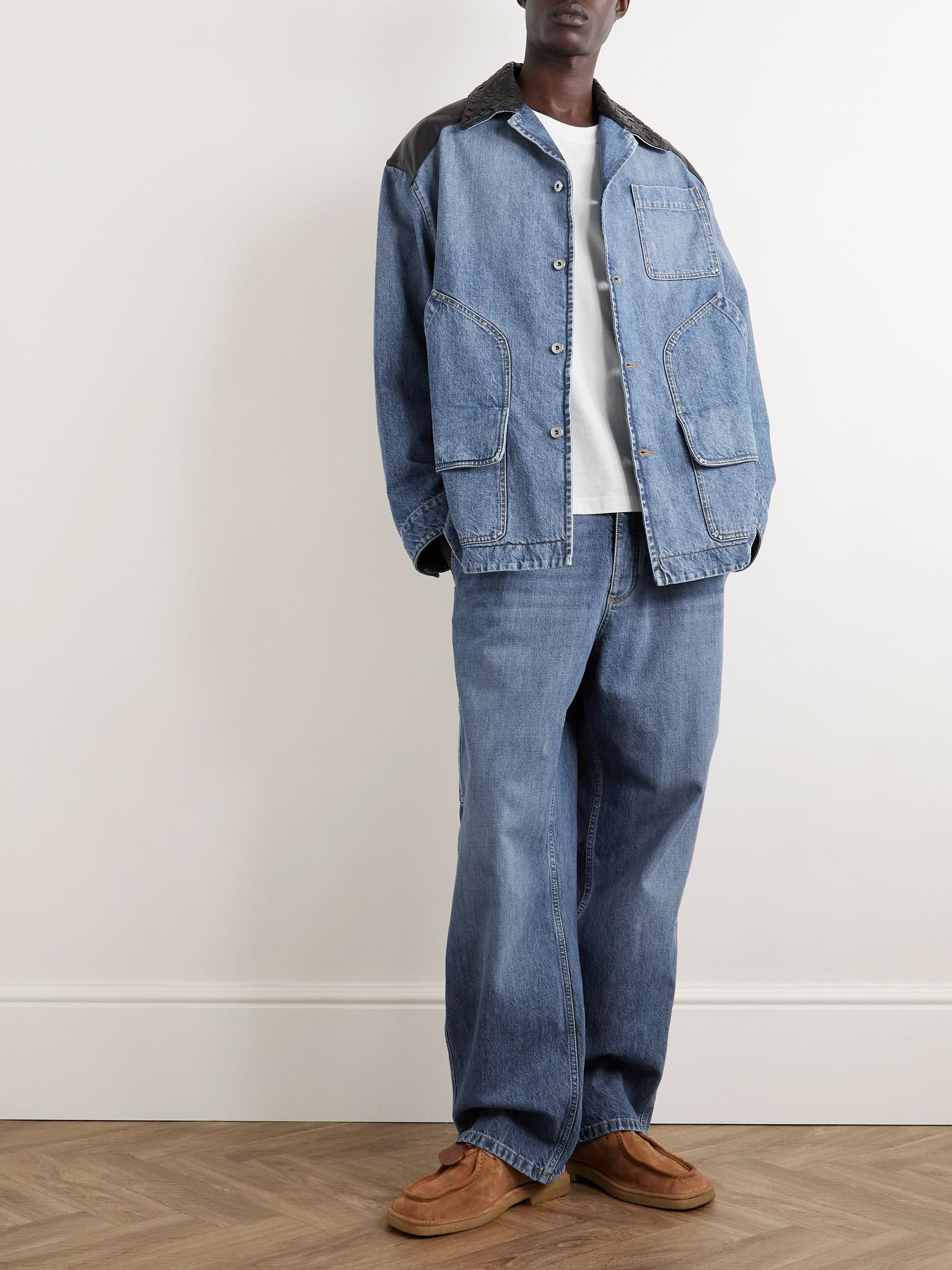 Intrecciato Leather-Panelled Denim Jacket Blue - 2