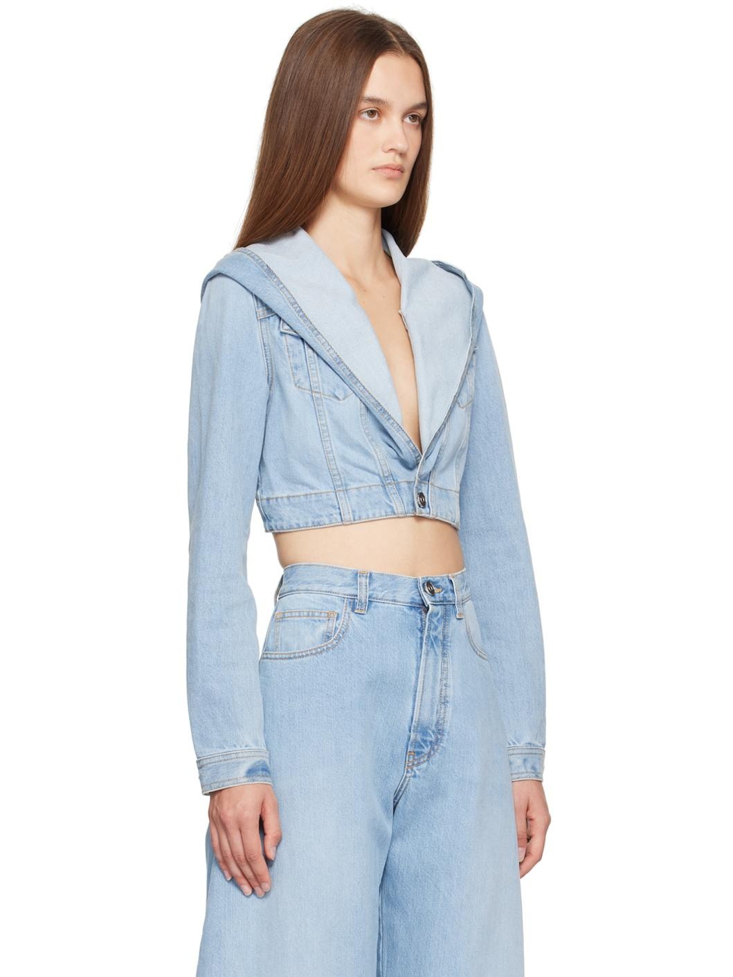 Blue Hooded Cropped Denim Jacket - 2