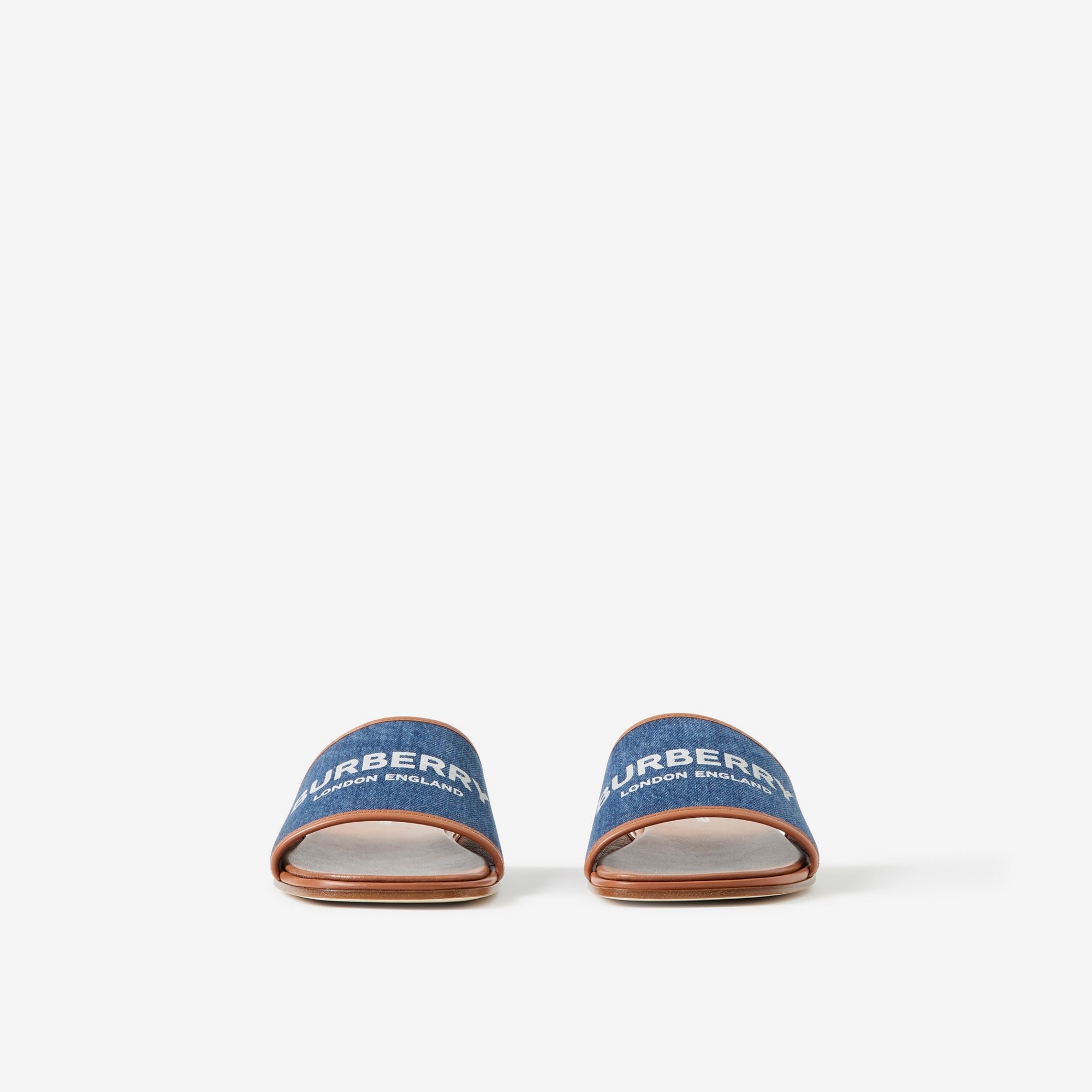 Label Print Denim and Leather Slides - 2