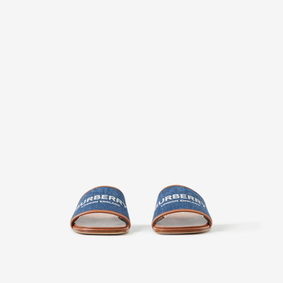 Burberry Label Print Denim and Leather Slides outlook