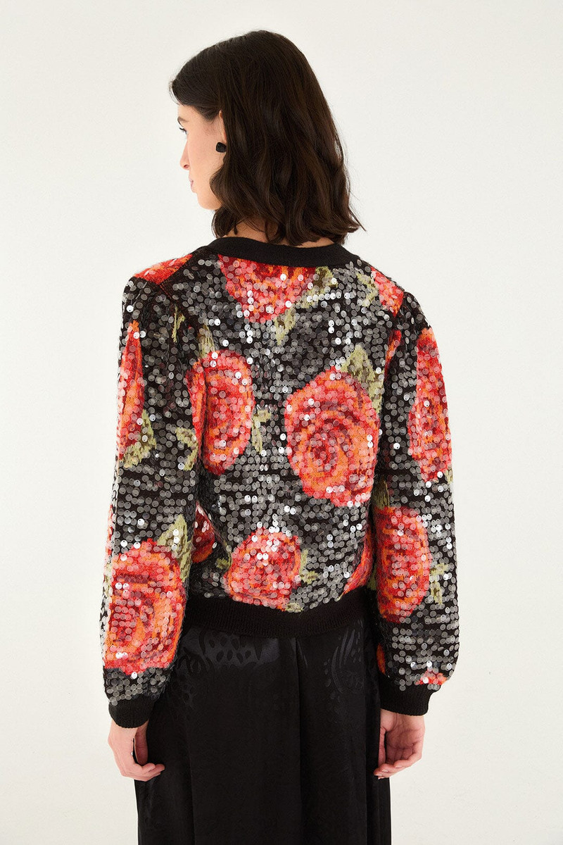 Black Latin Roses Buttoned Sequined Knit Cardigan 5