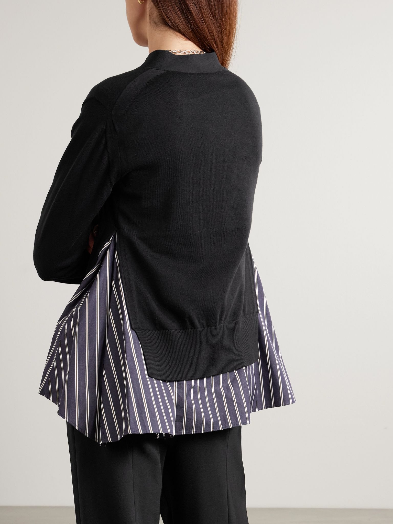 Layered striped cotton poplin-trimmed cotton-blend jersey cardigan Black - 3