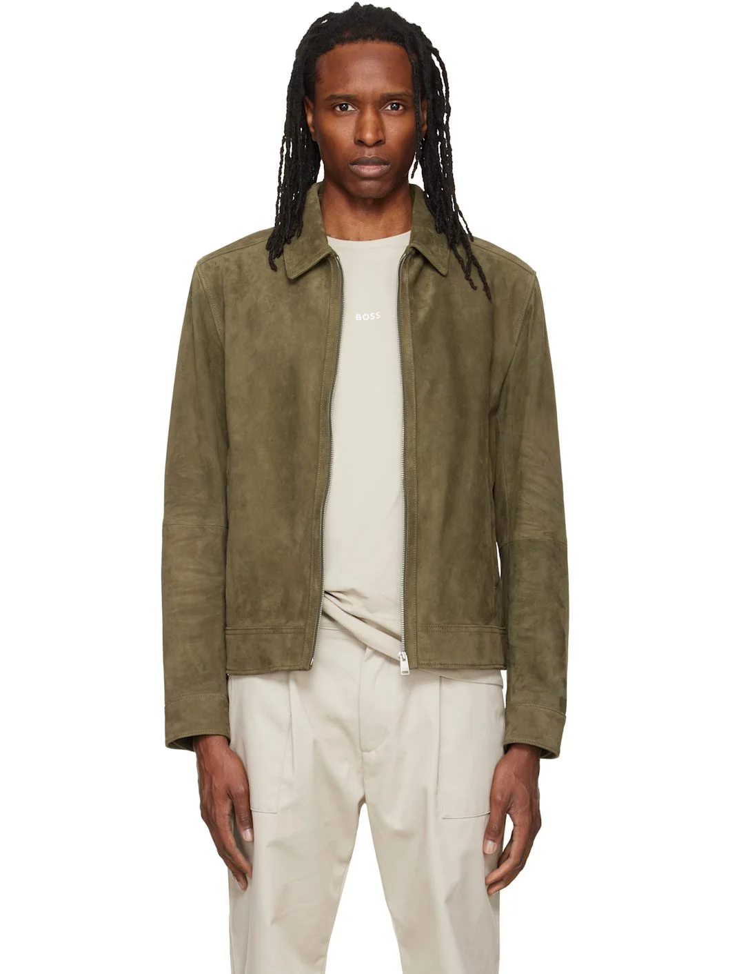 Khaki Zipper Closure Suede Jacket - 1