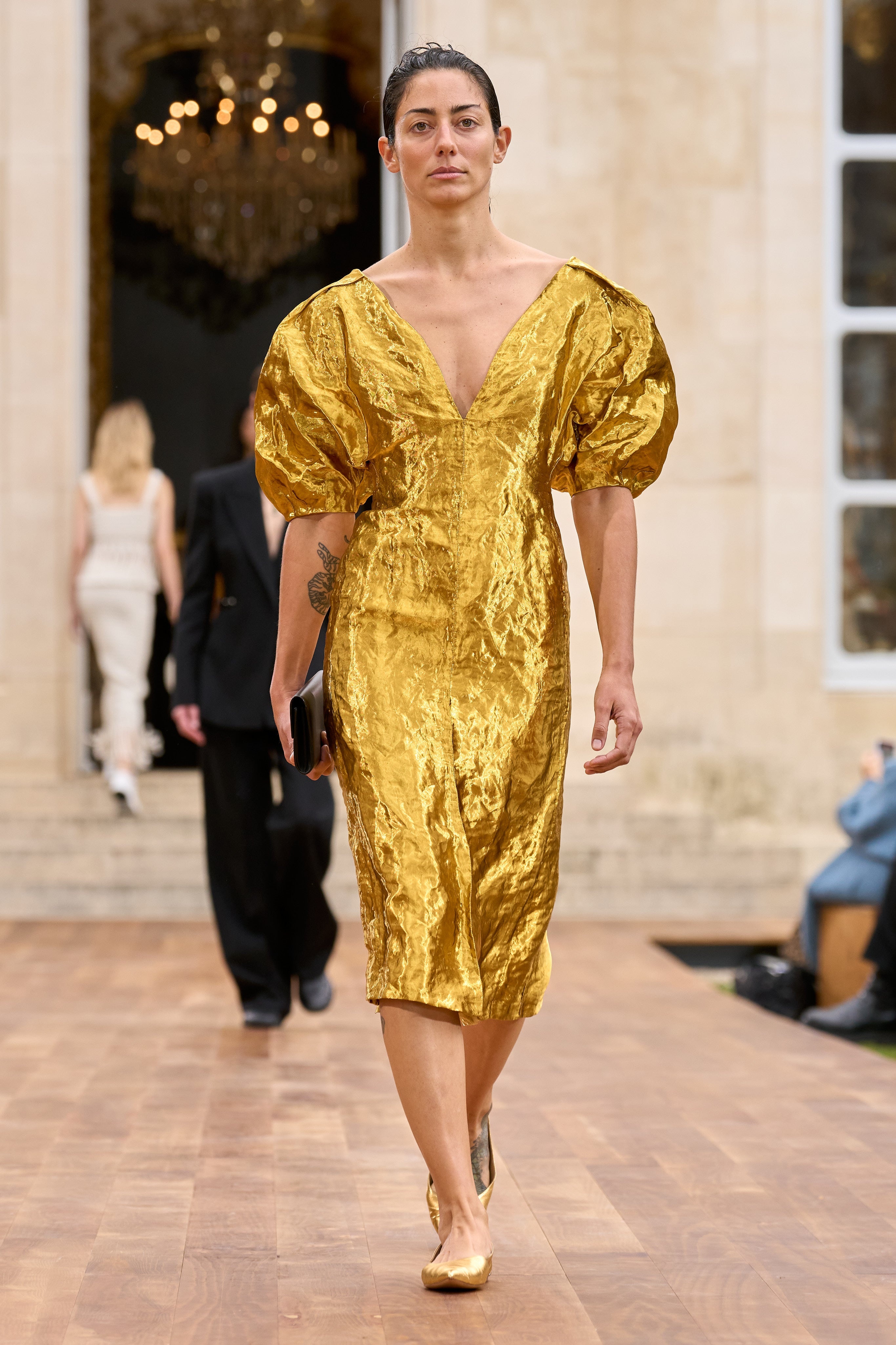 Fides Midi Dress in Gold Metallic Silk - 2
