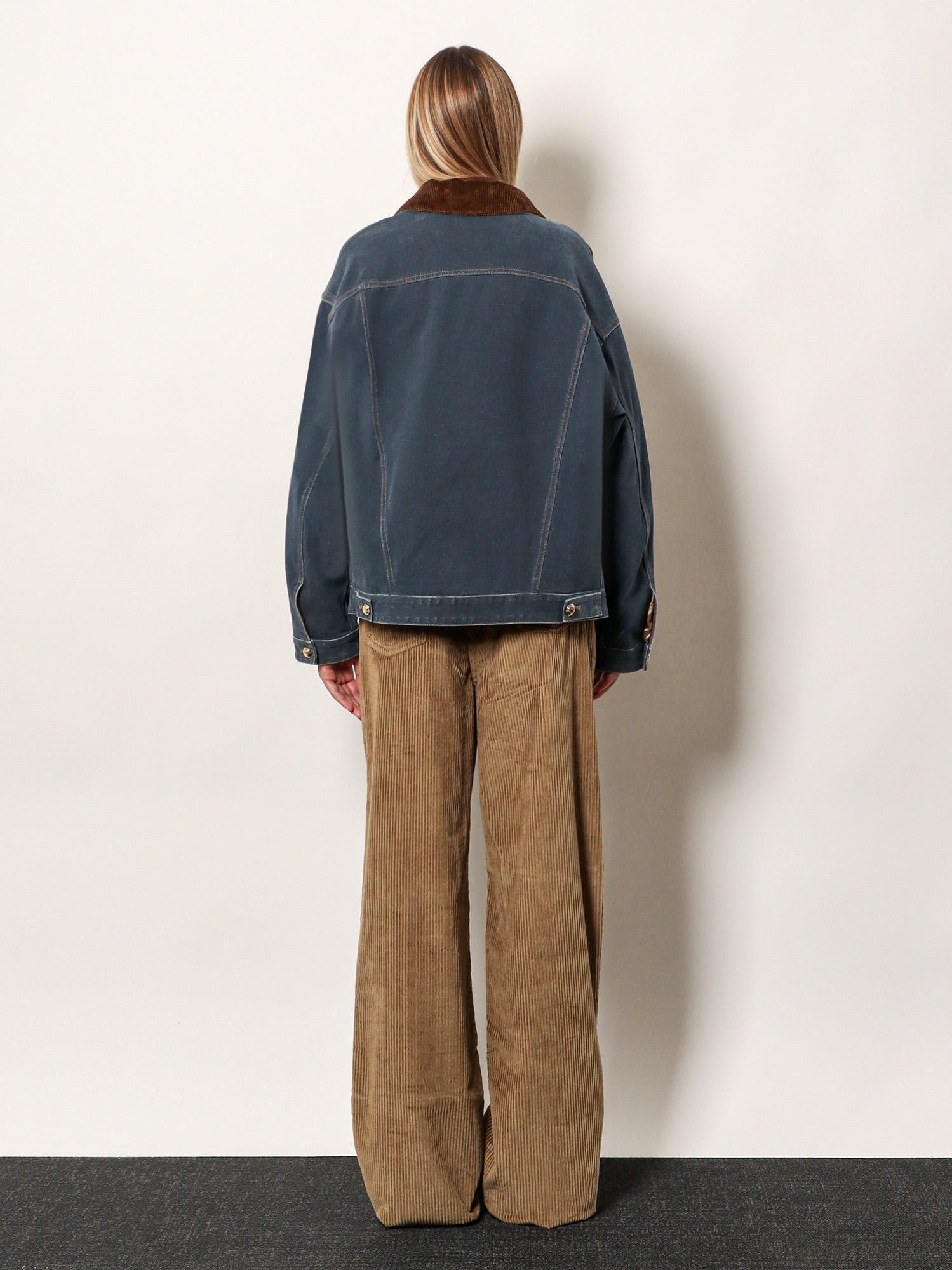 Denim Padded Jacket With Corduroy Collar - 3