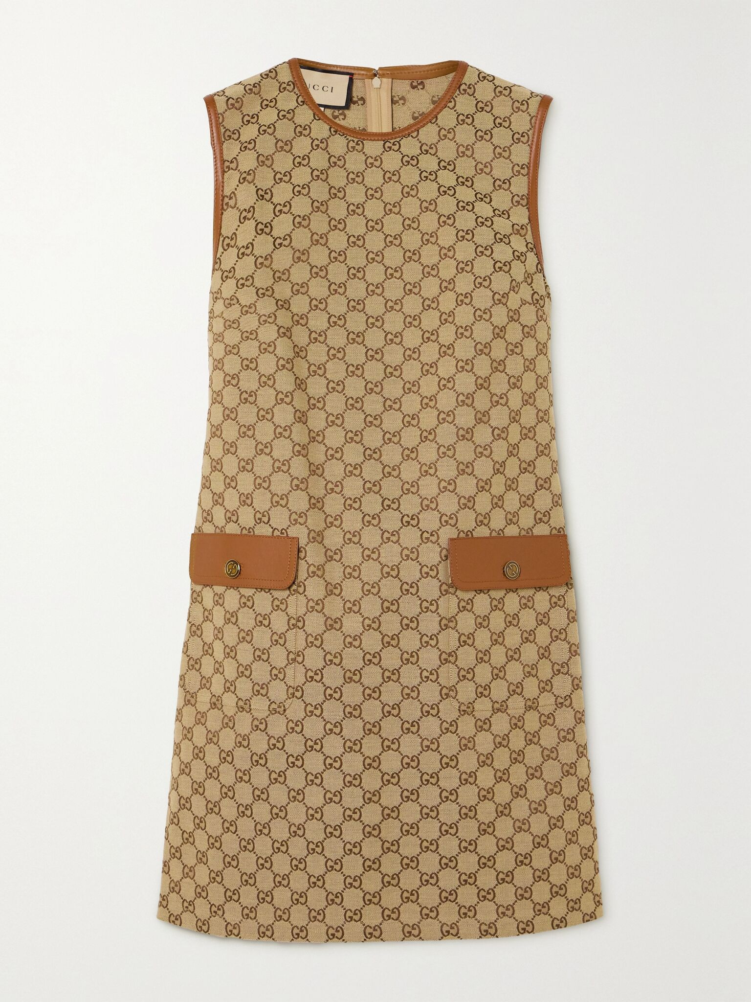 Leather-trimmed cotton-blend canvas-jacquard mini dress Brown - 1