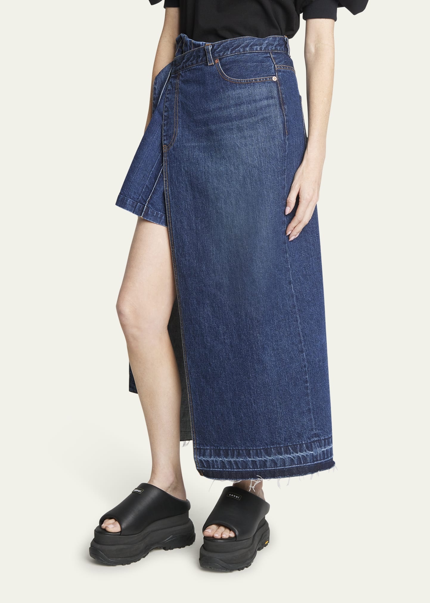 sacai Pleated Denim Skirt with Belted Overlay