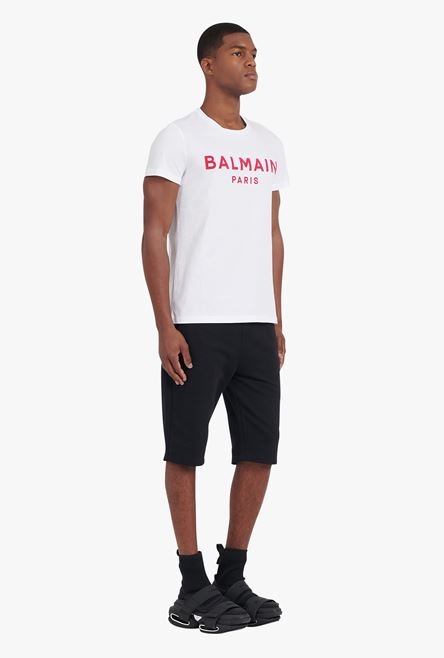 White cotton T-shirt with flocked fuchsia Balmain logo - 7