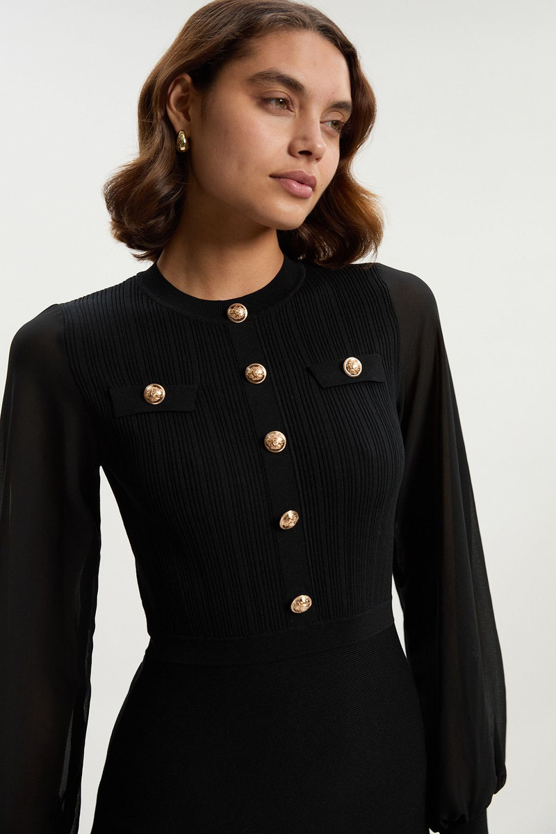 KAREN MILLEN Viscose Blend Maxi Knit Dress With Chiffon Sleeve Military Trim outlook