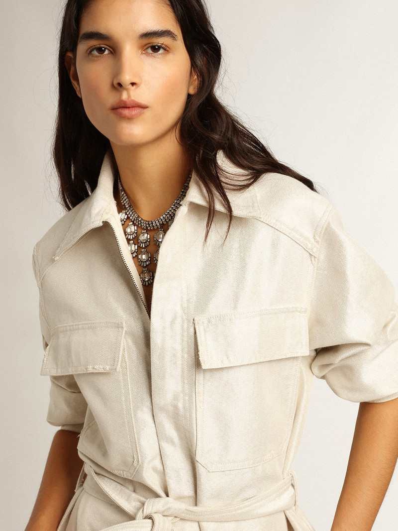 Golden white denim jumpsuit 5