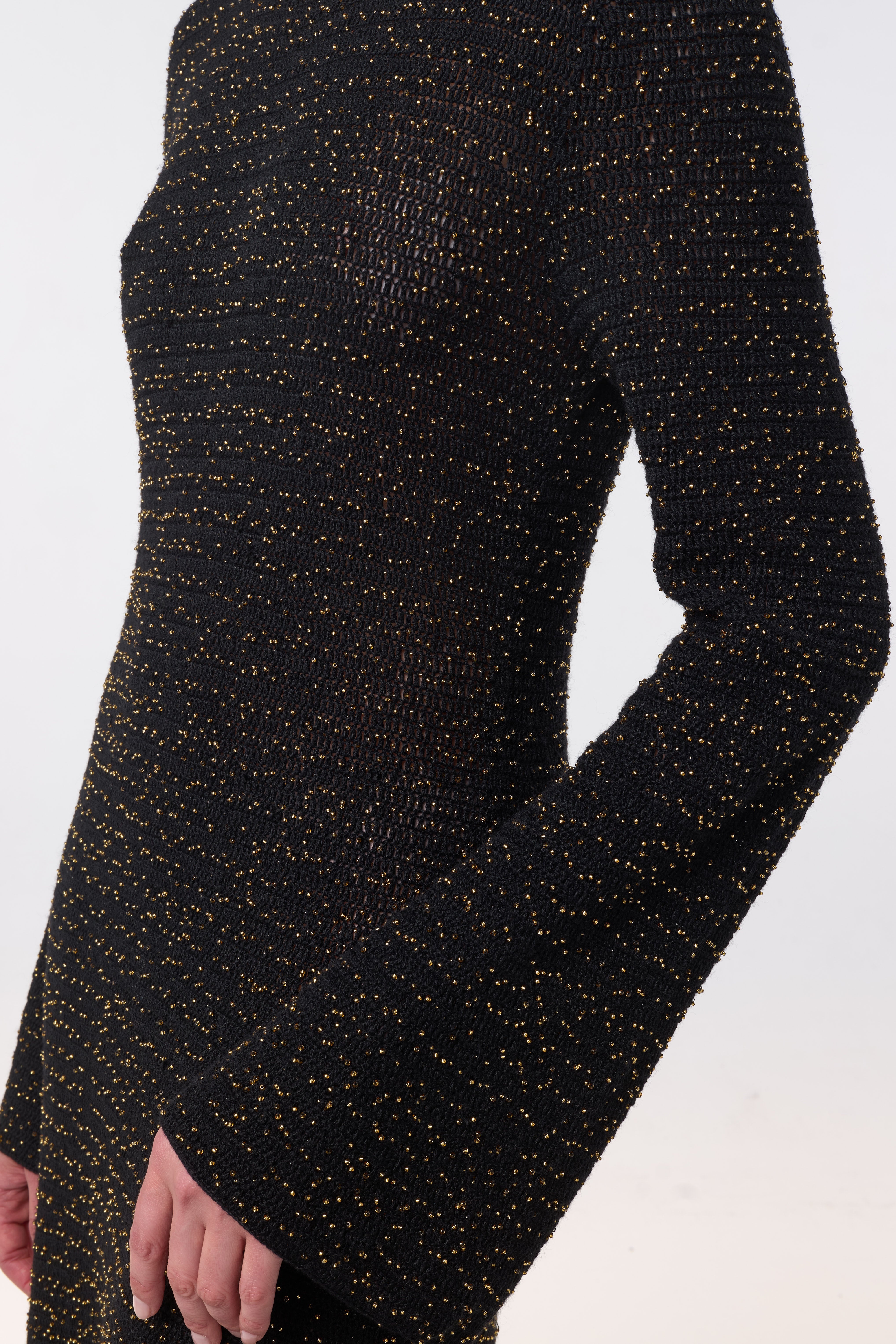 Opora Knit Midi Dress in Black & Gold Beaded Cashmere - 4