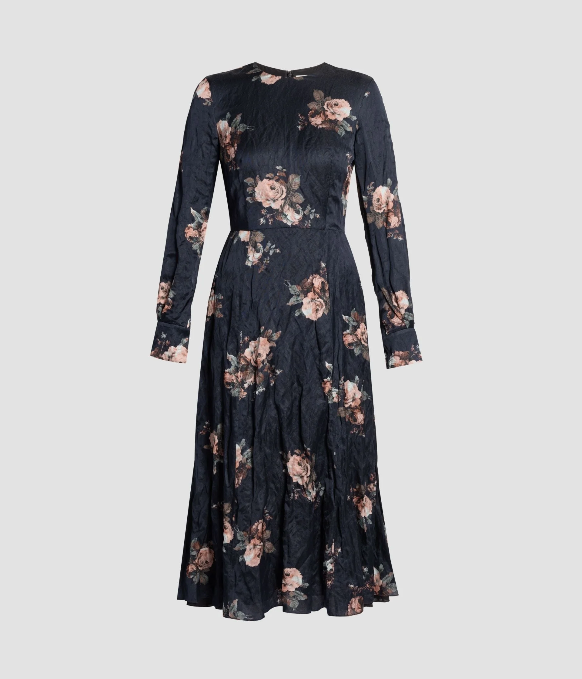 FLORAL CRUSHED SATIN LONG SLEEVE MIDI DRESS - 1