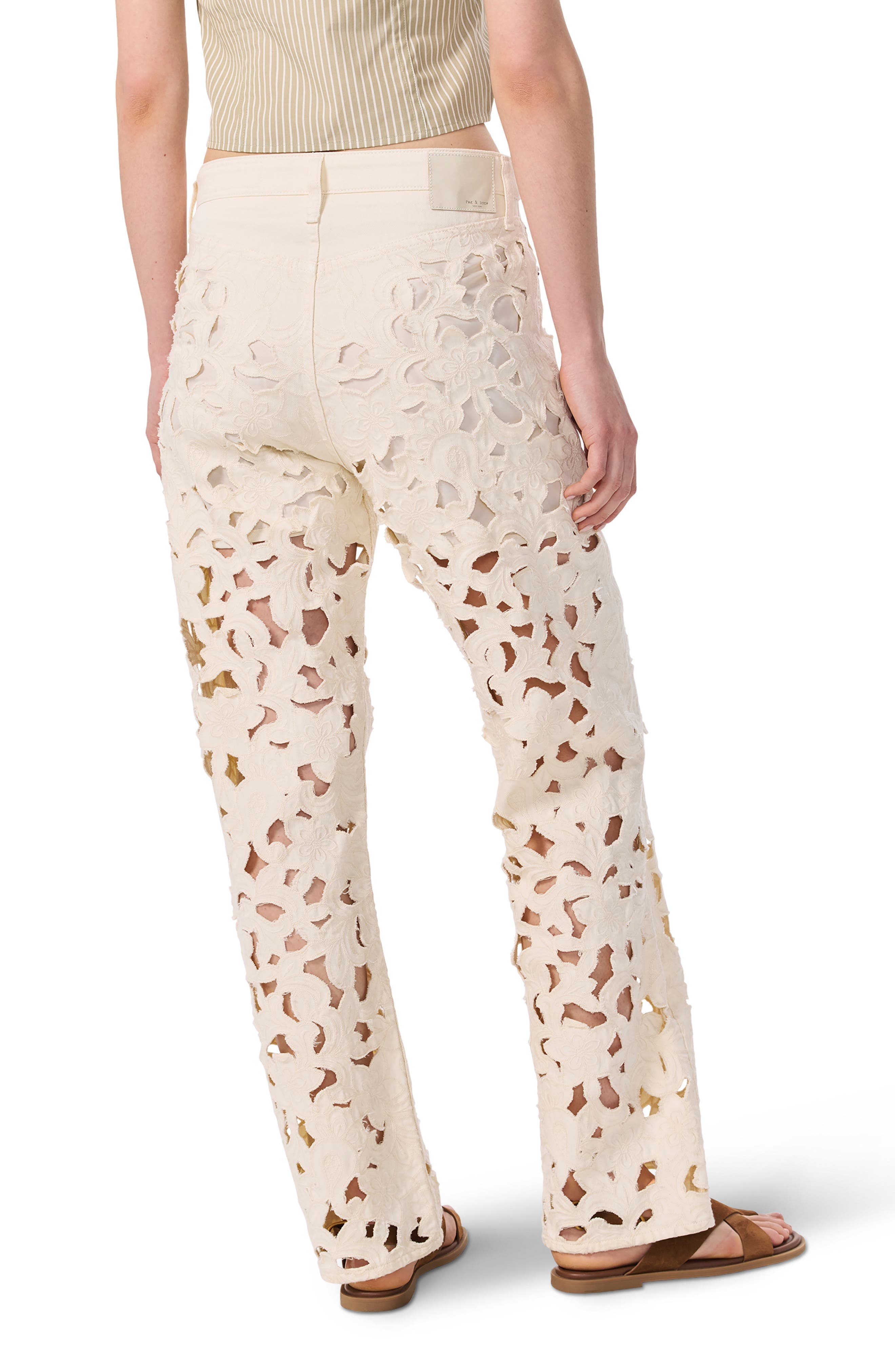 rag & bone Logan Floral Cutout Mid Rise Wide Leg Jeans in Ecru at Nordstrom - 2
