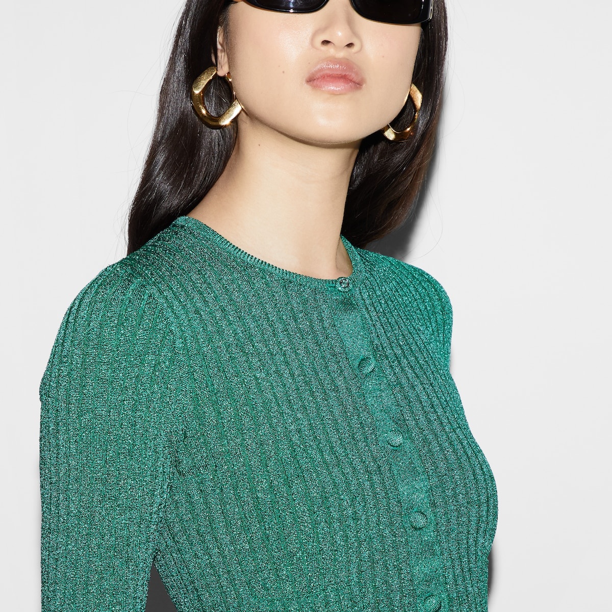 Rib lamé crewneck cardigan - 3