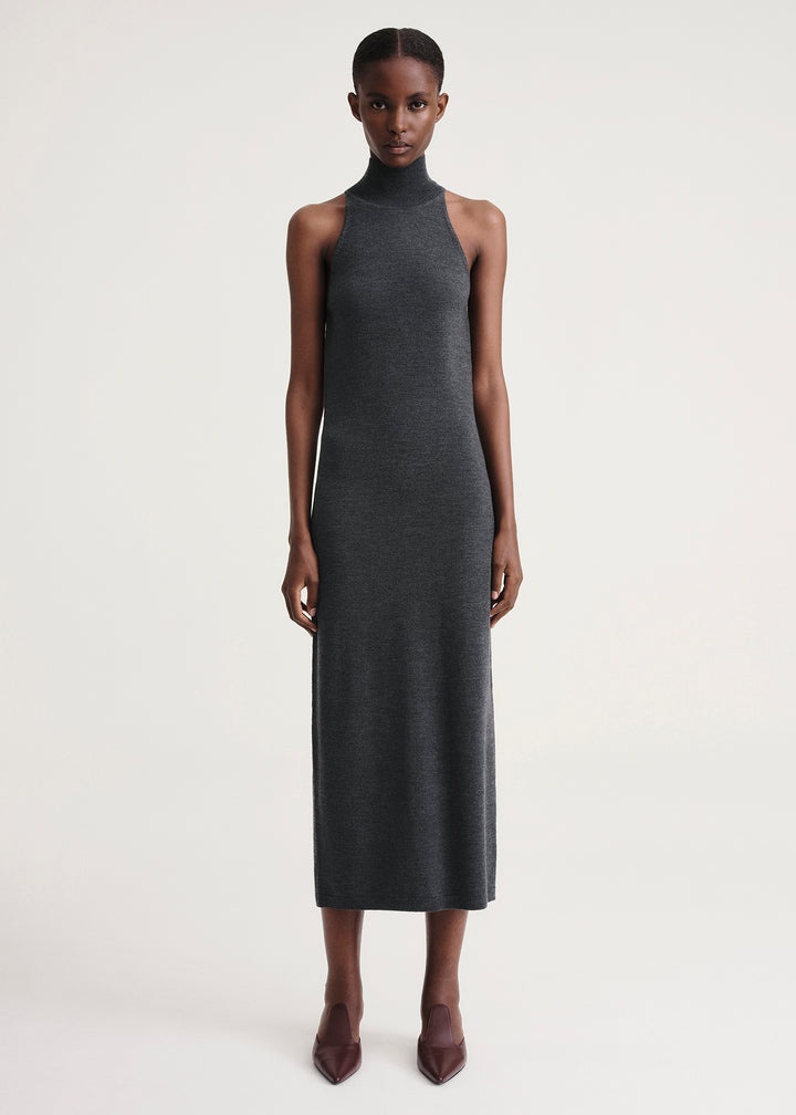 Totême Ribbed neck wool dress dark grey melange