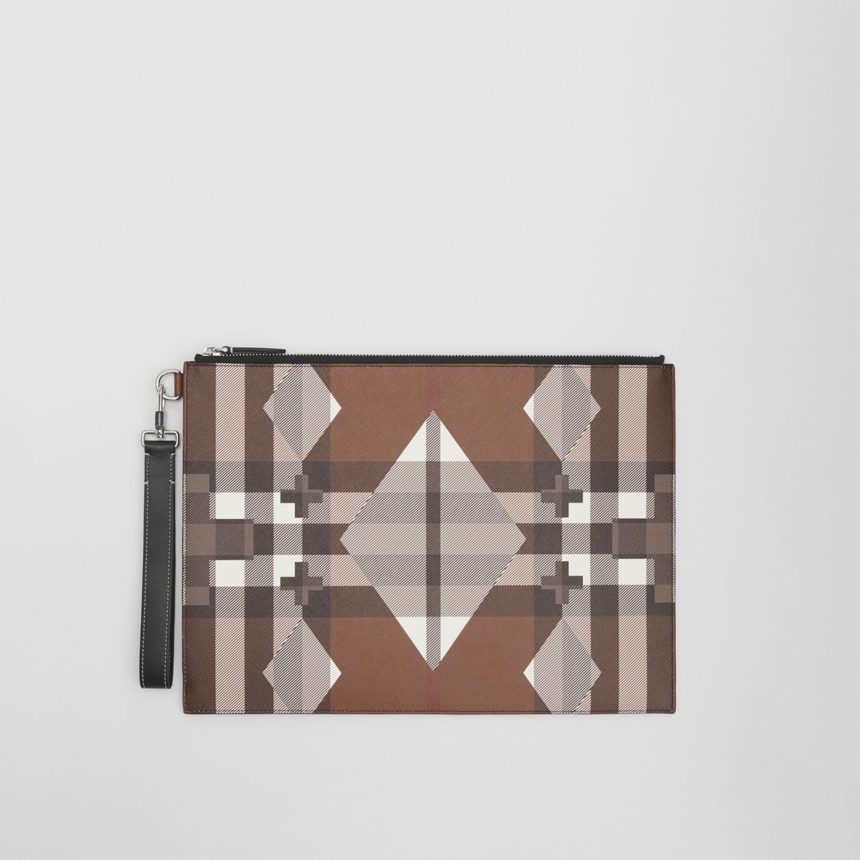 Large Geometric Check and Leather Zip Pouch - 1