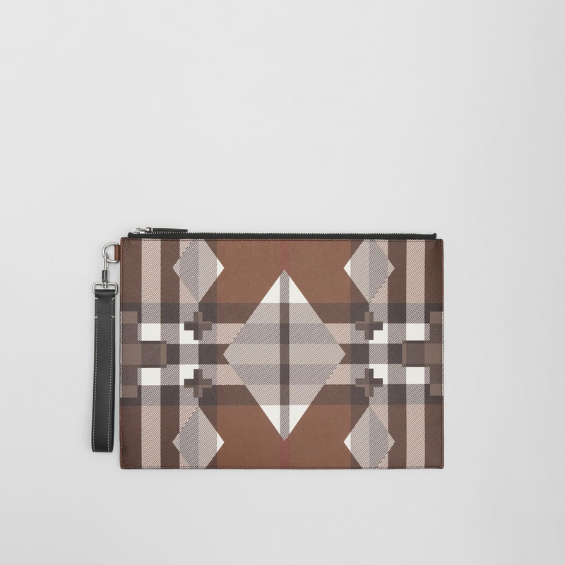 Large Geometric Check and Leather Zip Pouch 1