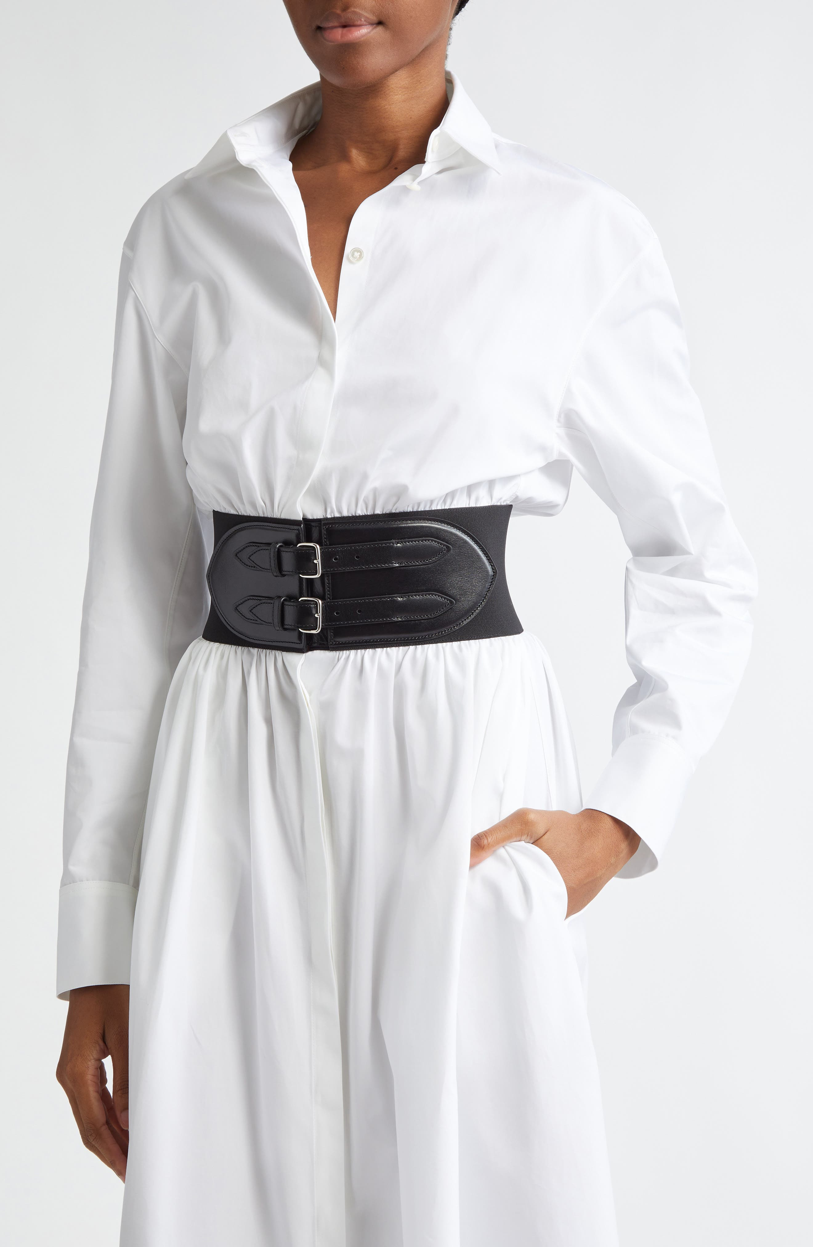 Alaïa Belted Long Sleeve Cotton Poplin Shirtdress in Blanc at Nordstrom - 4