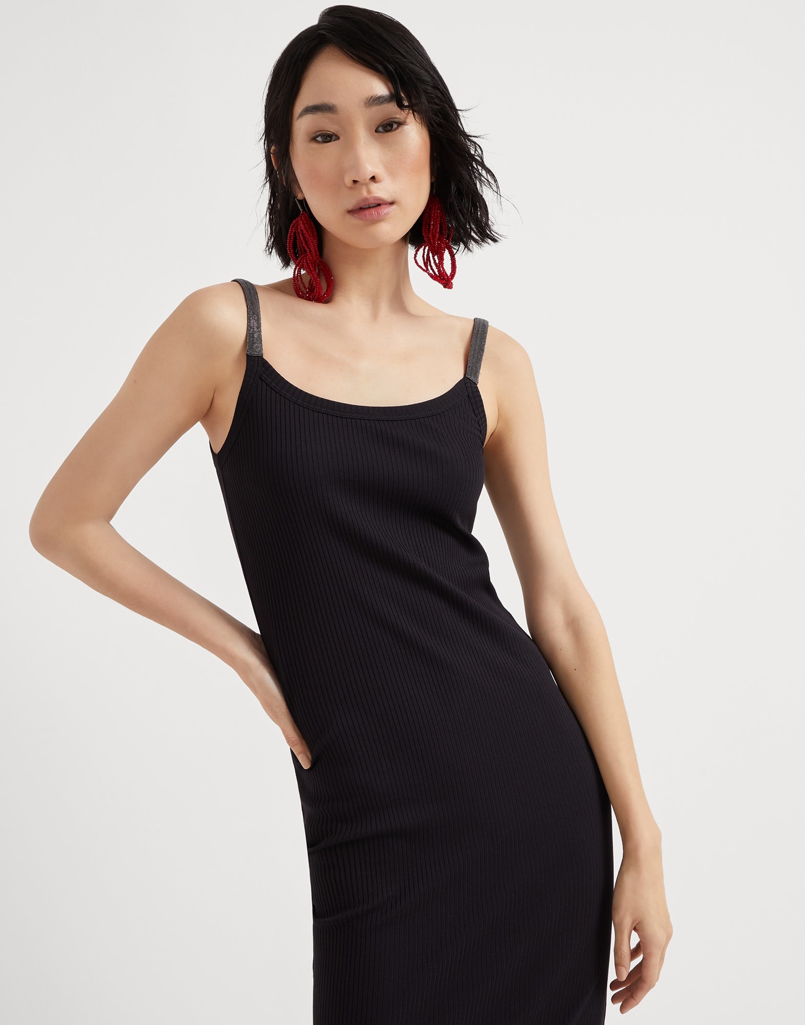 Stretch cotton ribbed jersey tank dress with precious straps - 4
