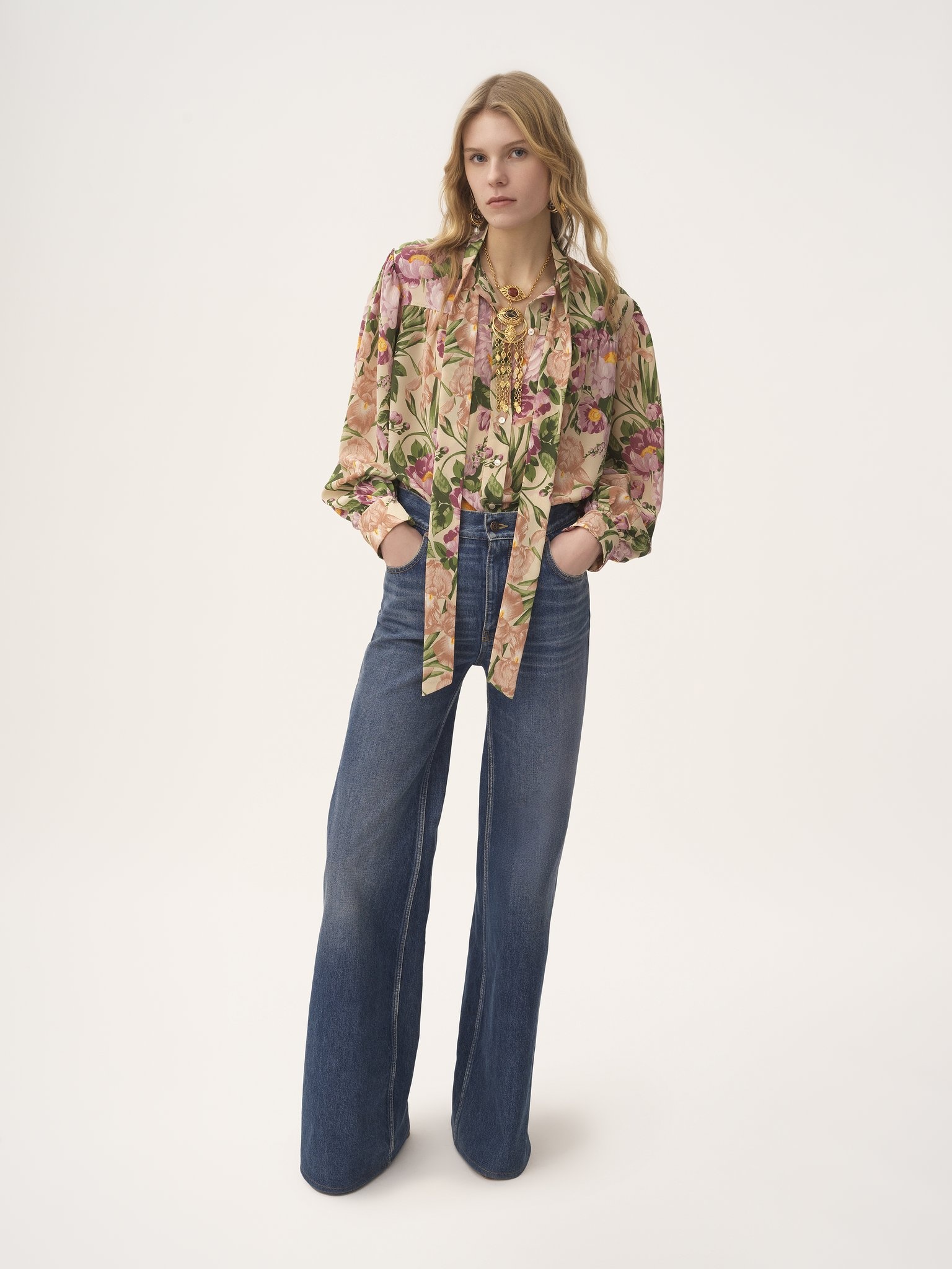 MAXI GATHERED LAVALLIÈRE BLOUSE IN CRÊPE DE CHINE - 3