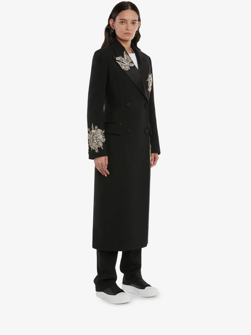 Embroidered Double Breasted Coat in Black - 3
