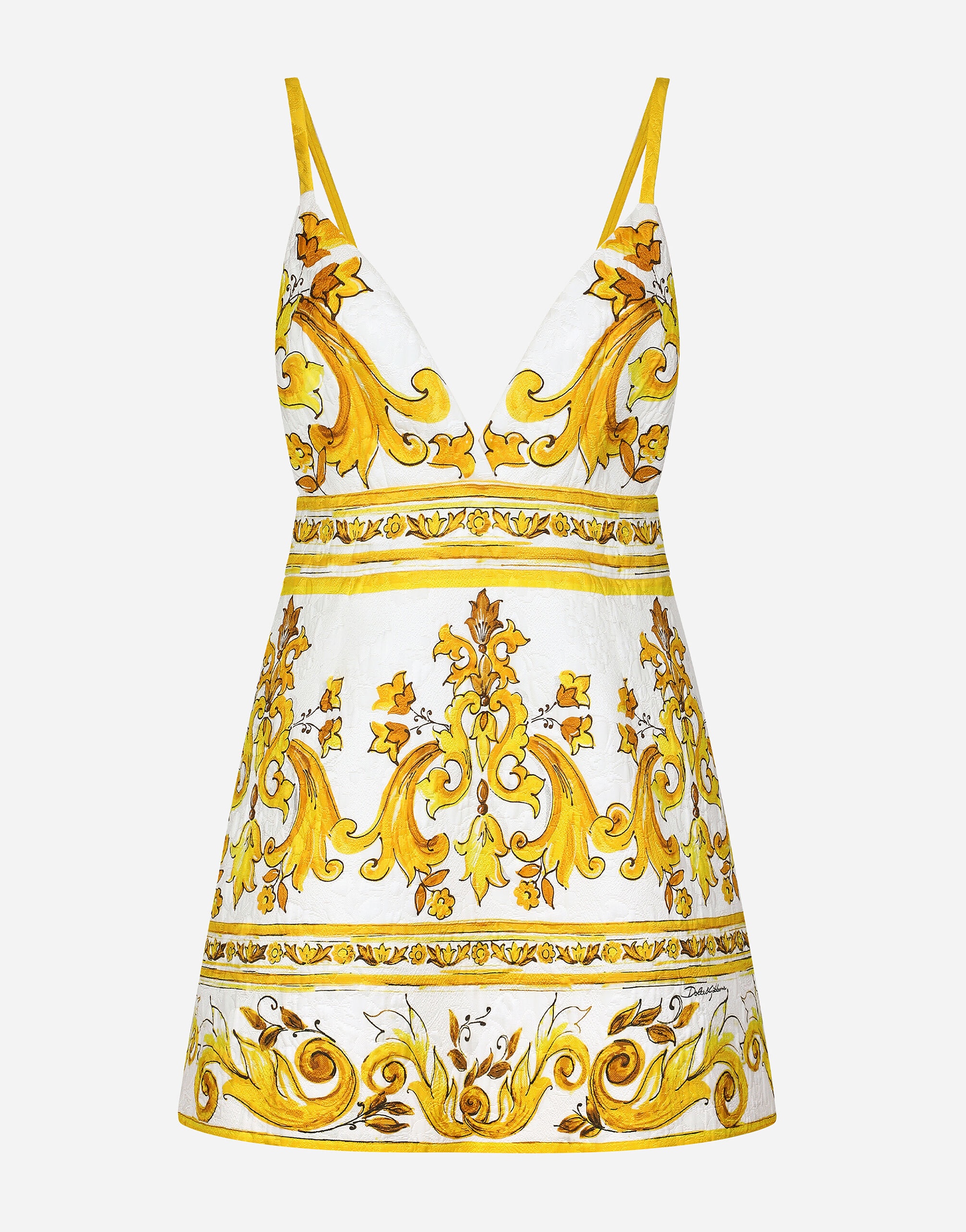 Short majolica-print brocade dress with straps - 1