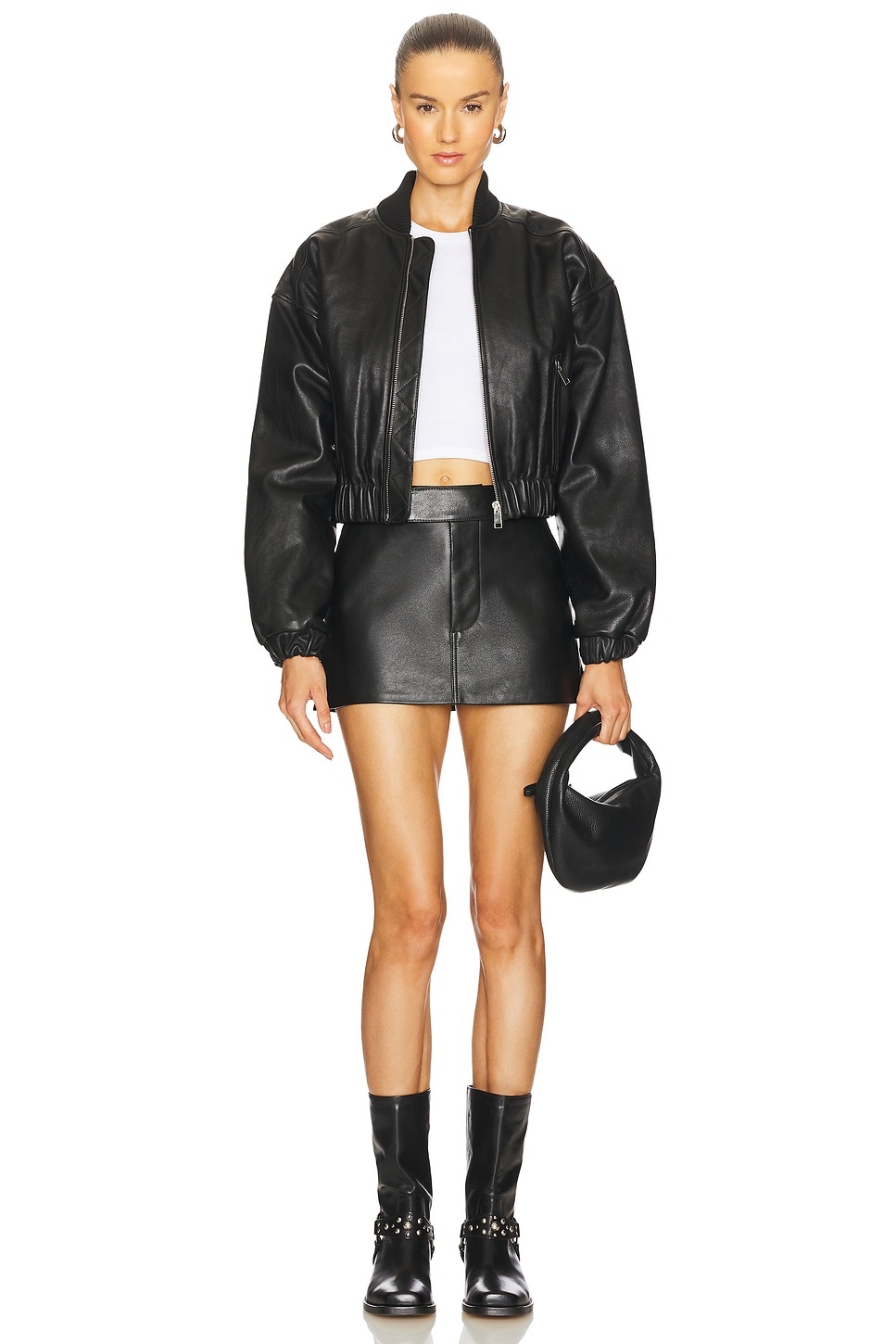 Cropped Leather Bomber Jacket - 5