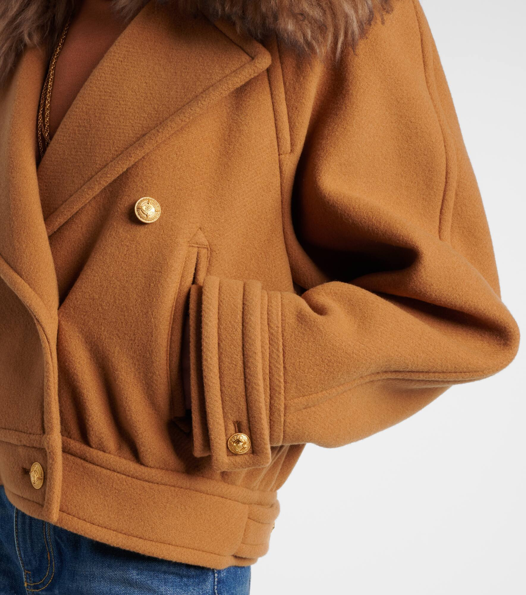 Cropped shearling-trimmed wool-blend coat - 5