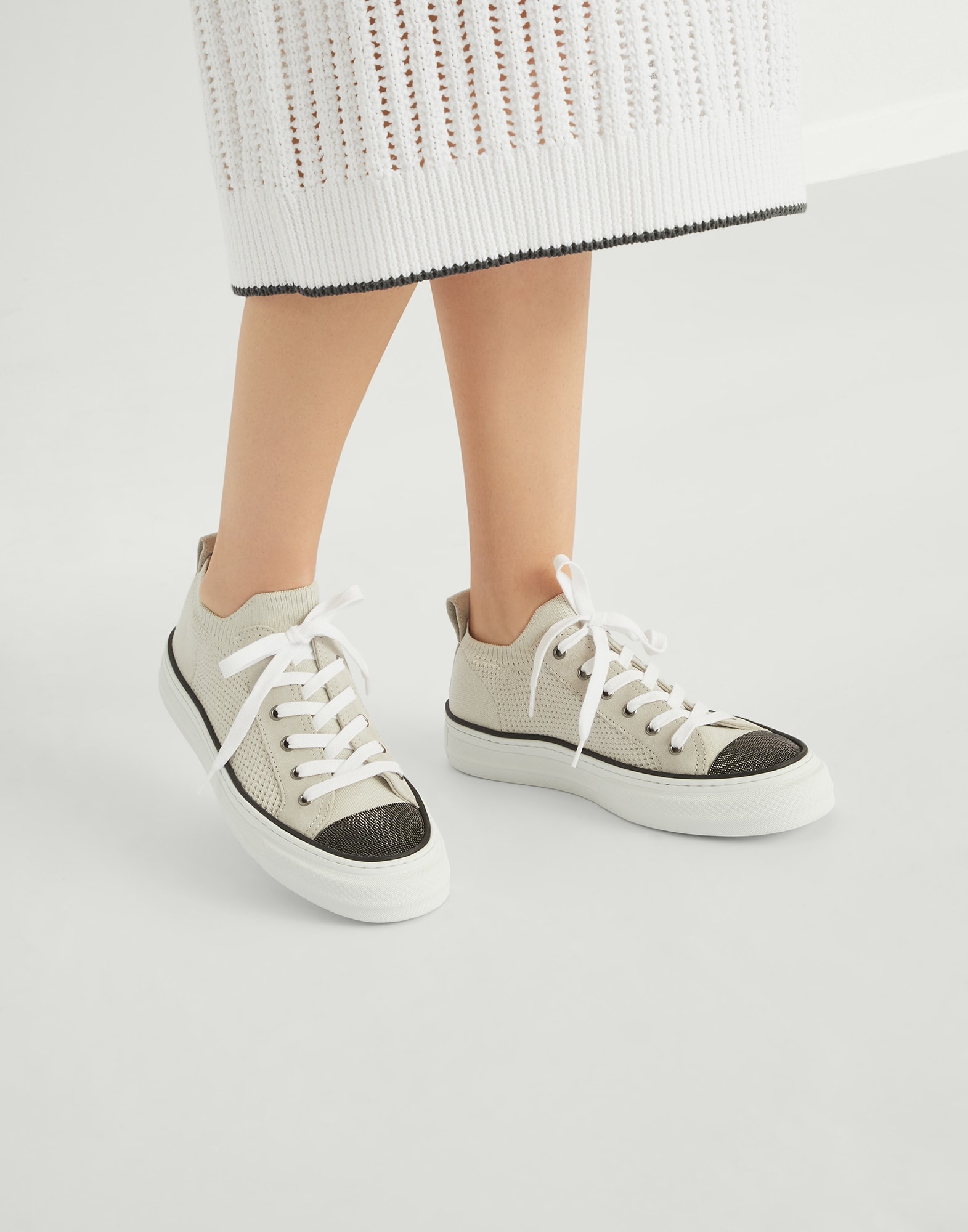 Cotton knit and suede sneakers with precious toe - 4