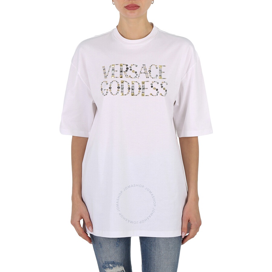 Versace Ladies Optical White Studded Versace Goddess Cotton T-Shirt - 3