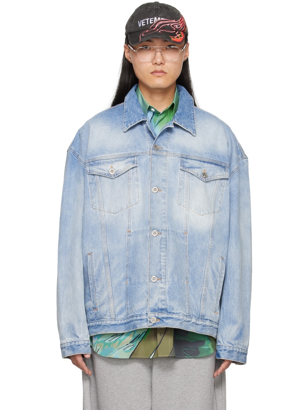 Blue Embossed Denim Jacket - 1