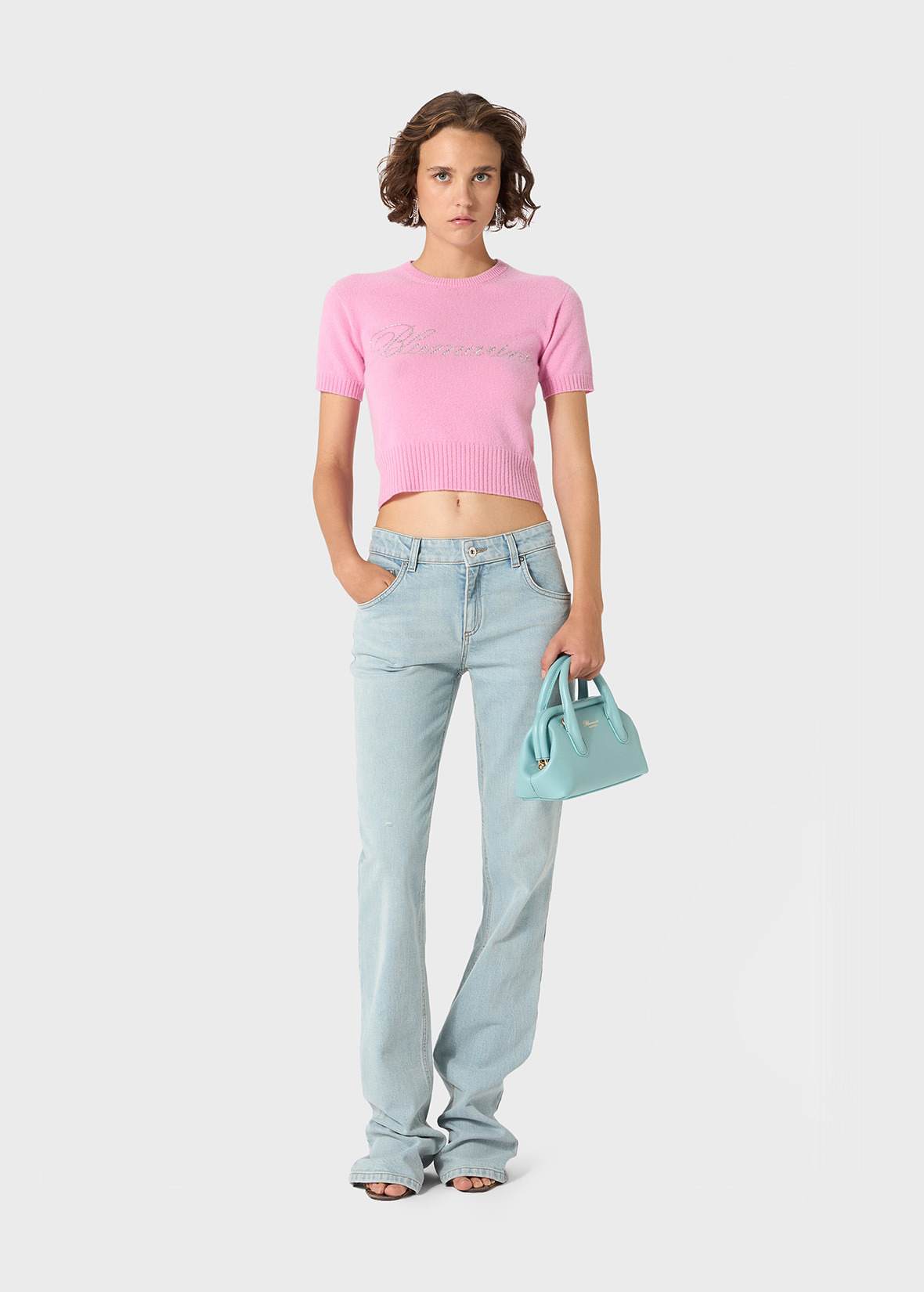 CASHMERE CROPPED SWEATER WITH BLUMARINE RHINESTONE LOGO - 2