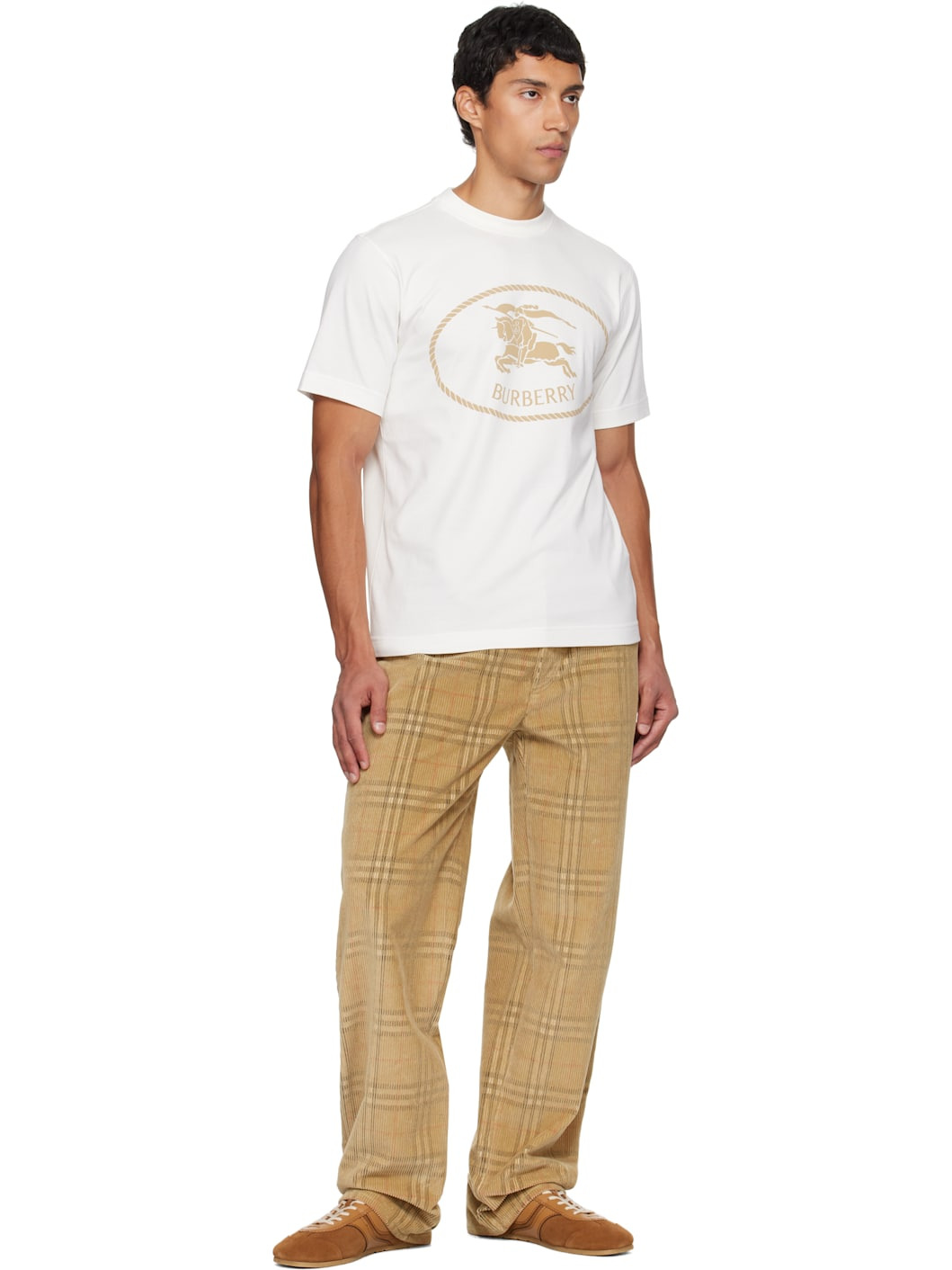 Beige Check Corduroy Trousers - 4
