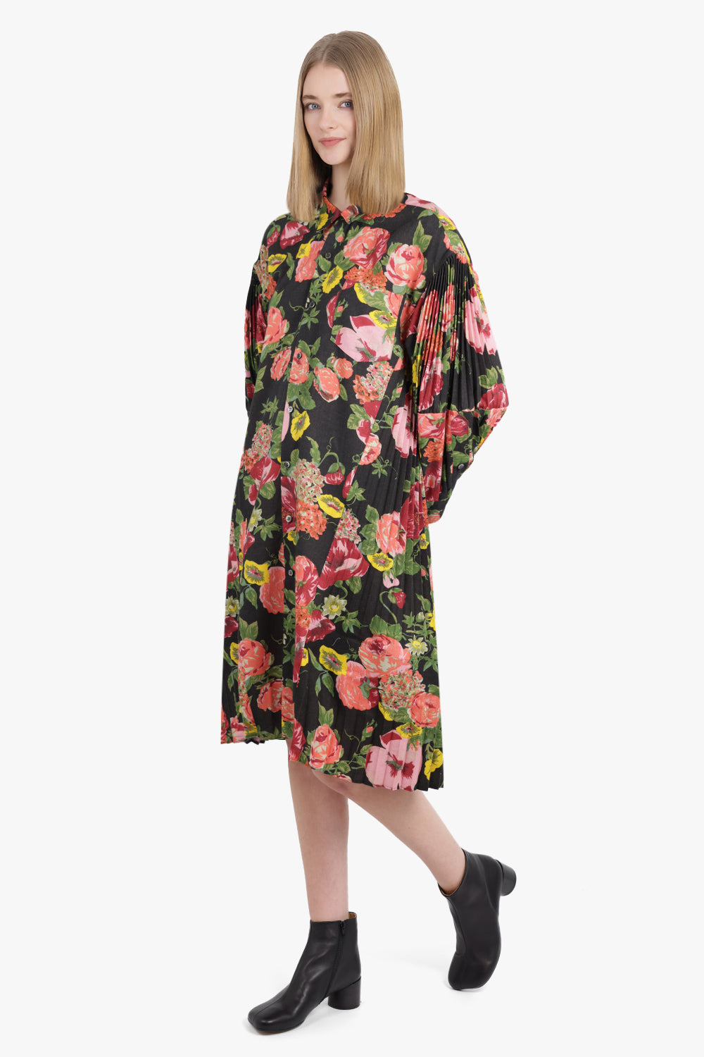 FLORAL PRINT L/S PLEAT MIDI SHIRT DRESS | BLACK/PINK - 2