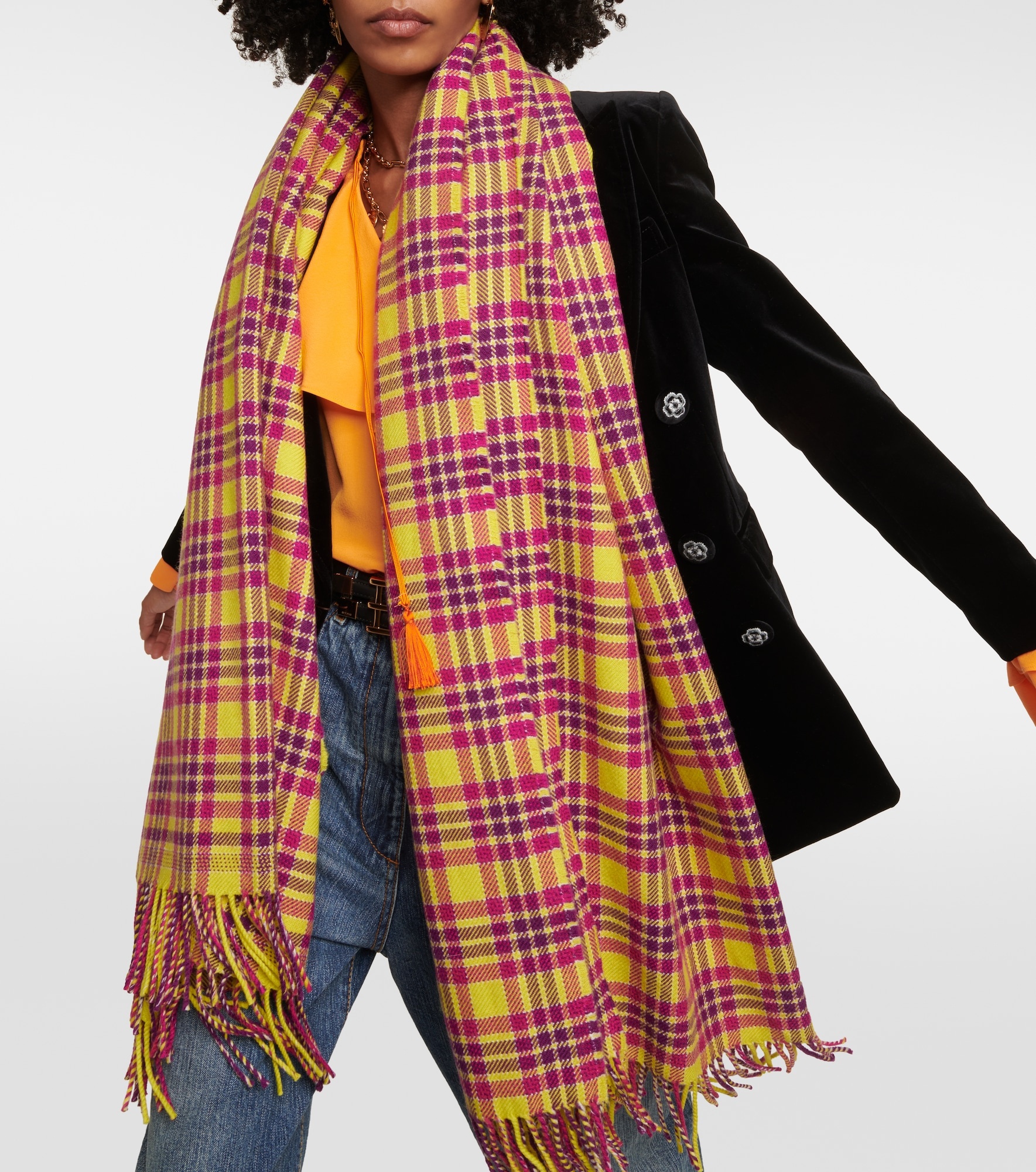 Checked fringed virgin wool scarf - 3