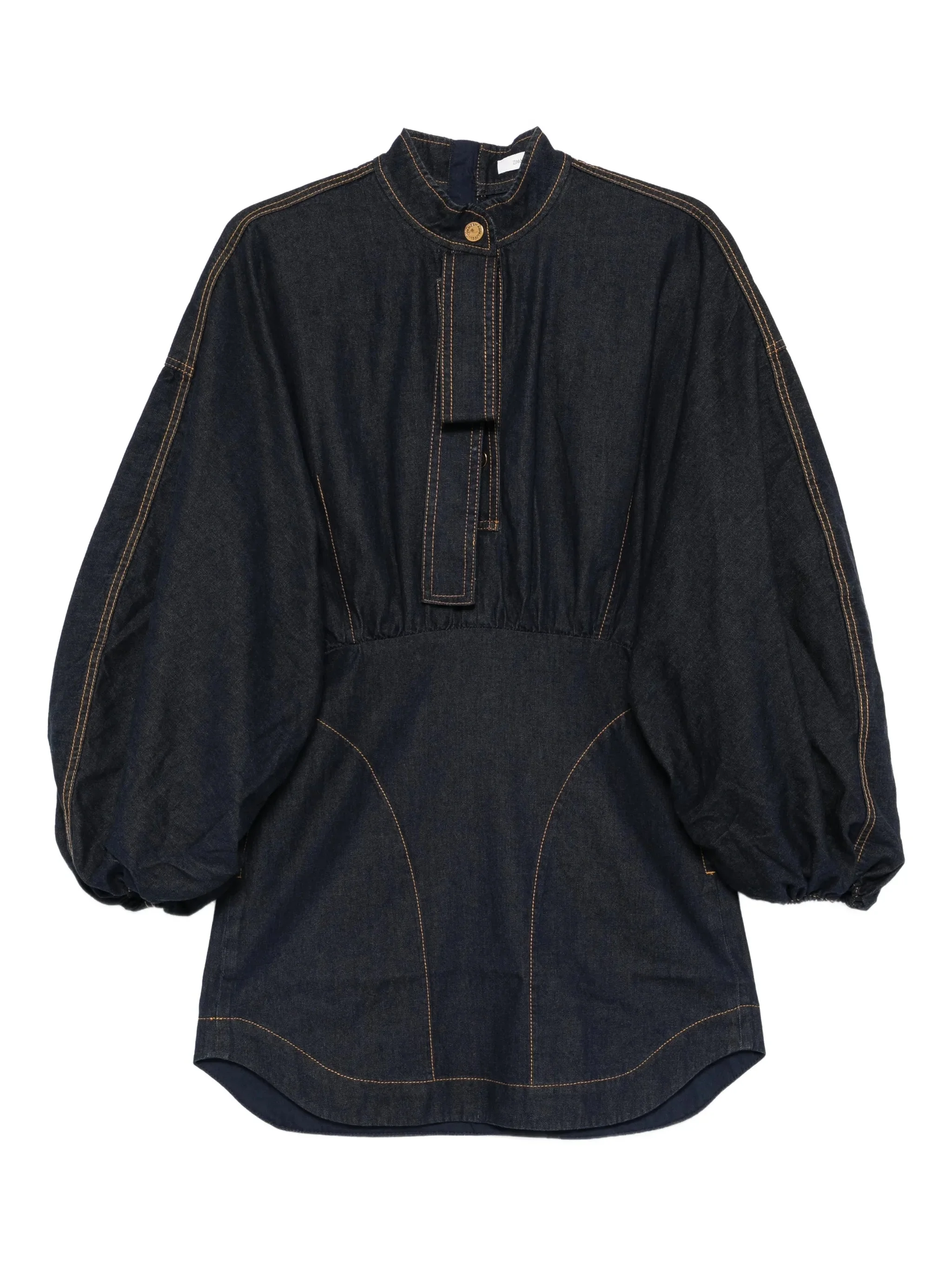 bishop-sleeve denim mini dress - 1