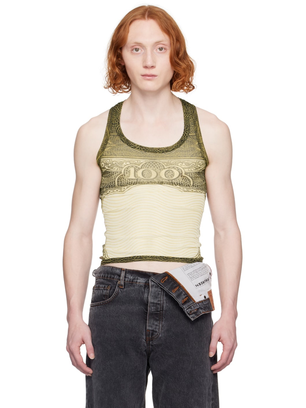 Green & Off-White Sheer Tank Top - 1