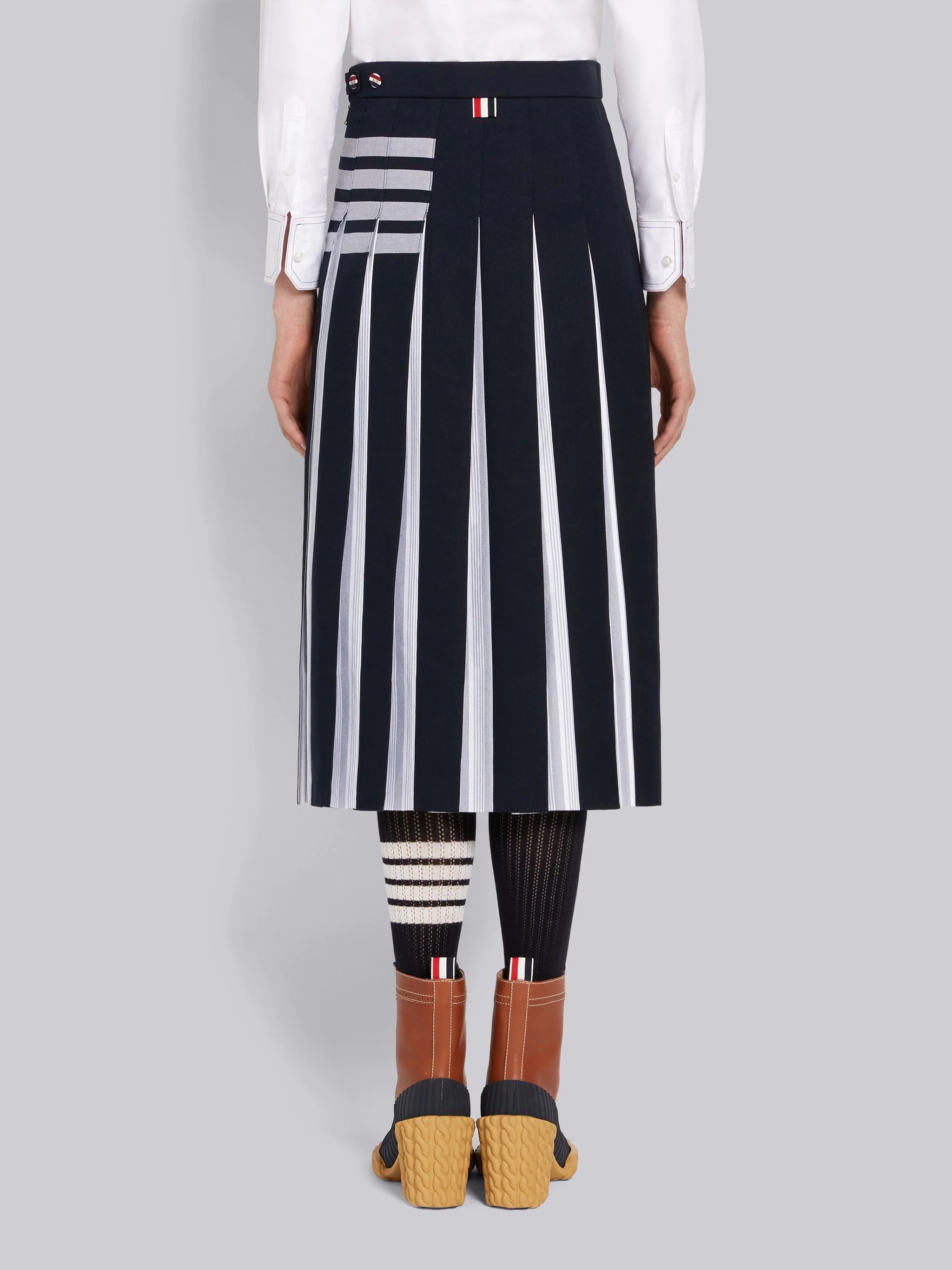 Navy Cotton Twill and Striped Oxford Engineered 4-Bar Below the Knee Dropped Back Pleated Skirt - 3