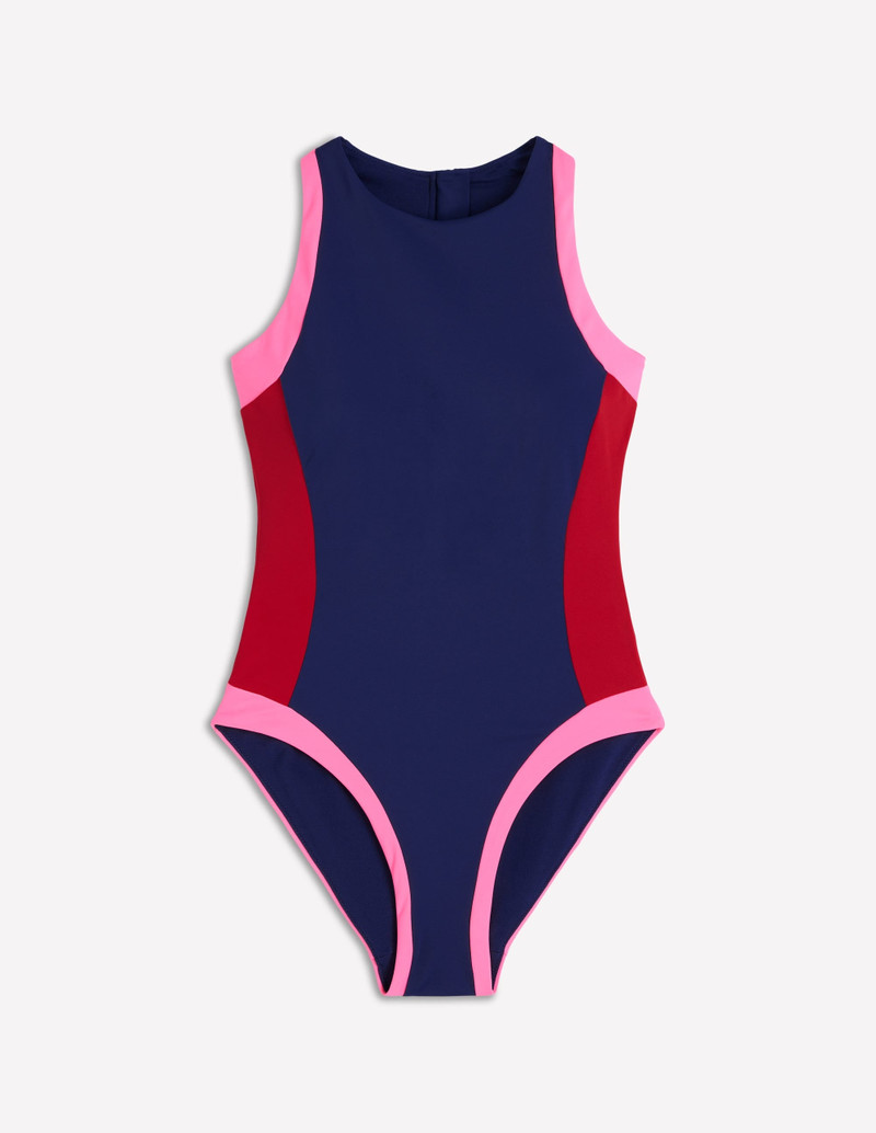 Sporty Rash Guard Swimsuit-Navy, Colourblock - 1