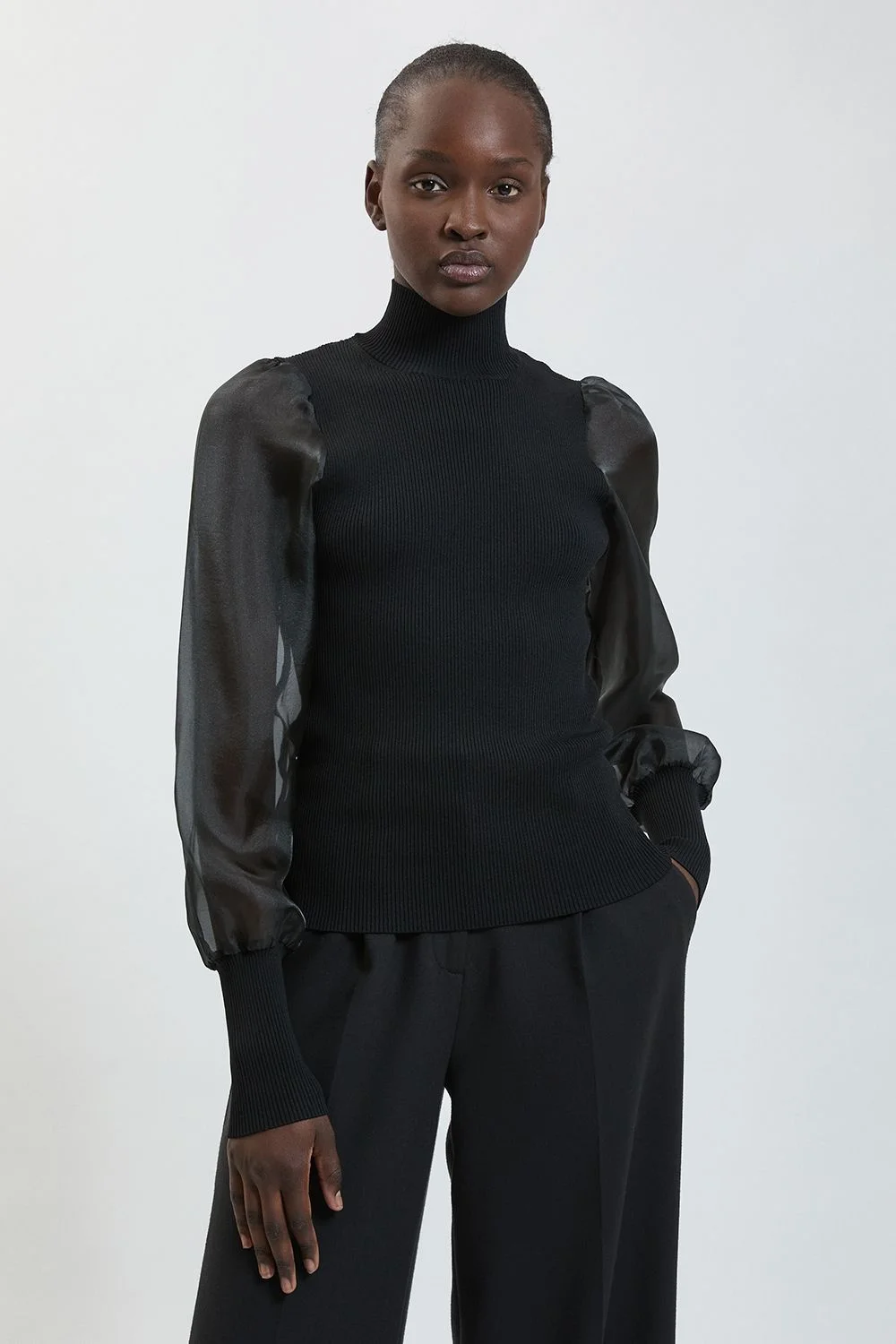 Organza Sheer Sleeve High Neck Knitted Sweater - 1