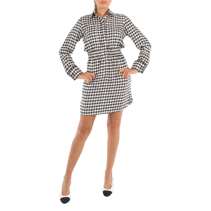 Max Mara Ladies White Black Arca Silk Houndstooth Shirt Dress - 3